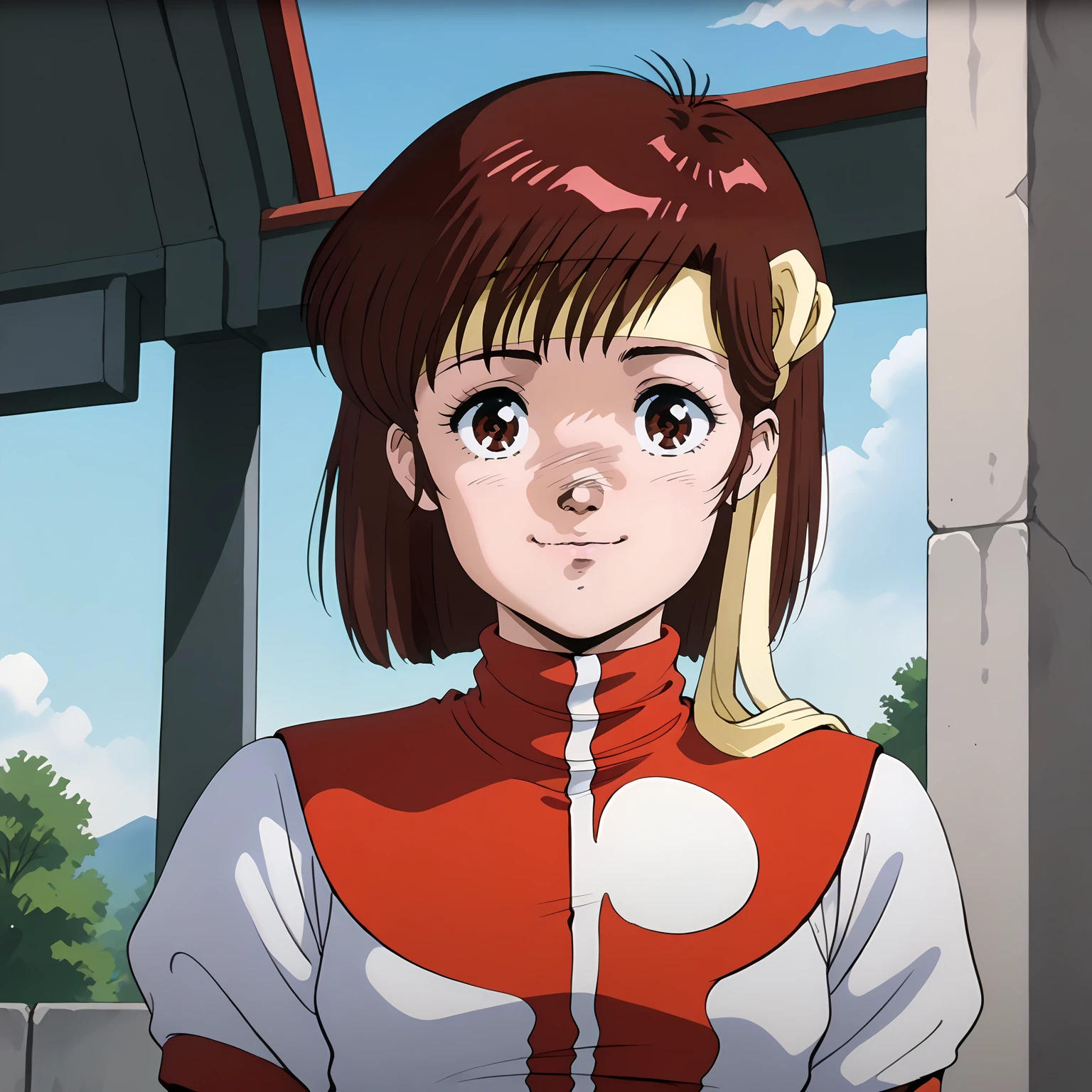 <lora:norikotakayaXLpony002>,
portrait,
smile,looking at viewer,
solo,
norikotakaya,1girl,brown hair,medium hair,brown eyes,
headband,
short sleeves,leotard under clothes,
outdoors,