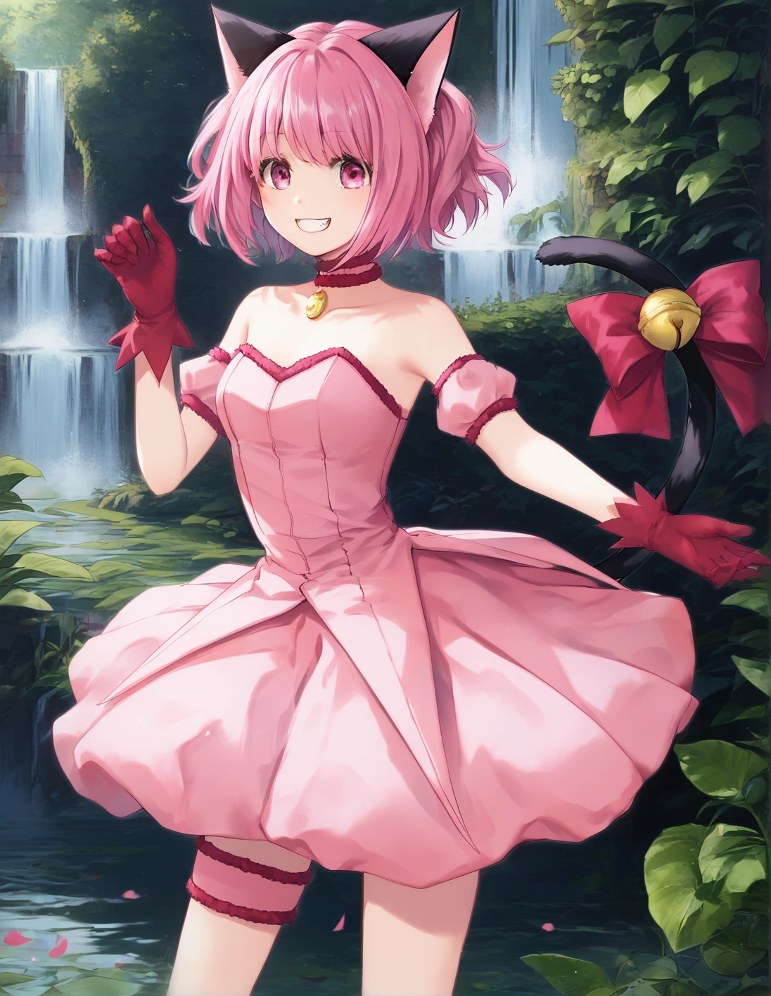 score_9, score_8_up, score_7_up, best quality, masterpiece, 4k, uncensored, prefect lighting, rating_explicit, very aesthetic, anime ,absurdres ,zPDXL, zPDXLpg,1girl, solo, <lora:sdxl-lyco-mew_ichigo-original-ponyDiffusionV6XL-v1:1>, mew_ichigo, tail bow, gloves, cat tail, red gloves, tail bell, choker, detached sleeves,pink dress, strapless, standing ,,,smile, best quality, very aesthetic, ultra-detailed, intricate details, 4k,BREAK in a stream