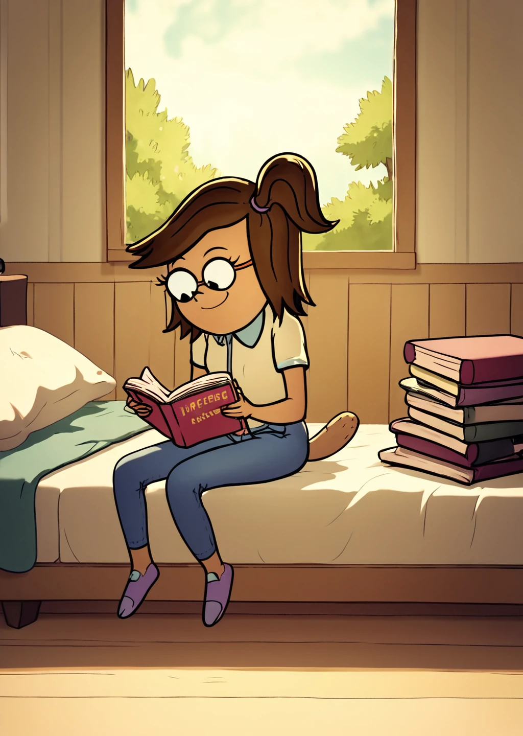 score_9, score_8_up, score_7_up, score_6_up, <lora:Regular_Show_Style:0.8>, regularshow, 1girl, Eileen, bedroom, sitting, detailed background, smile, humanoid, tail, glasses, reading,