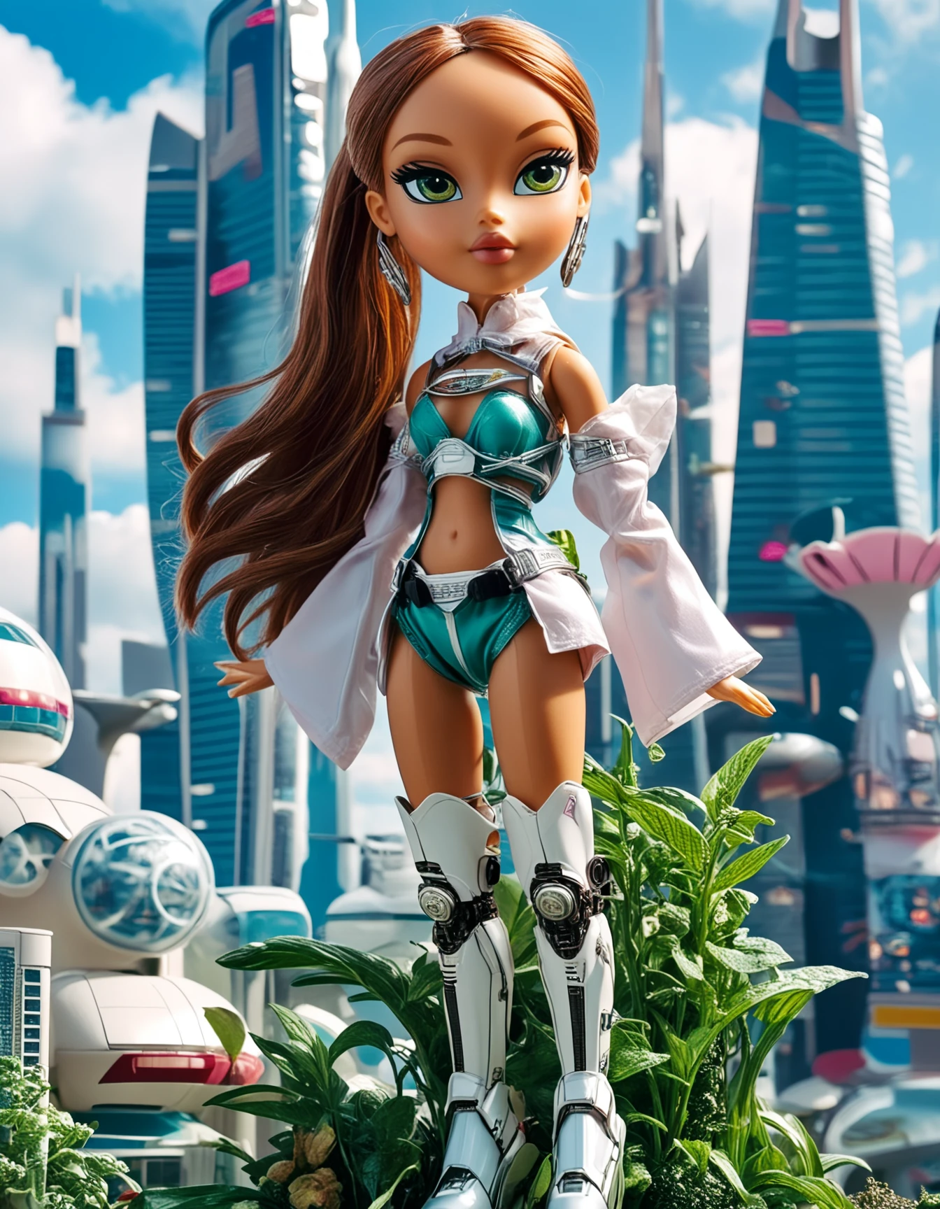 Bratz, Yuno Gasai as a plastic Doll at a
 , The image presents a futuristic concept of urbanization with vertical cityscapes and advanced transportation systems. These towering structures feature green vegetation, creating an impression of sustainability and eco-friendly architecture. 