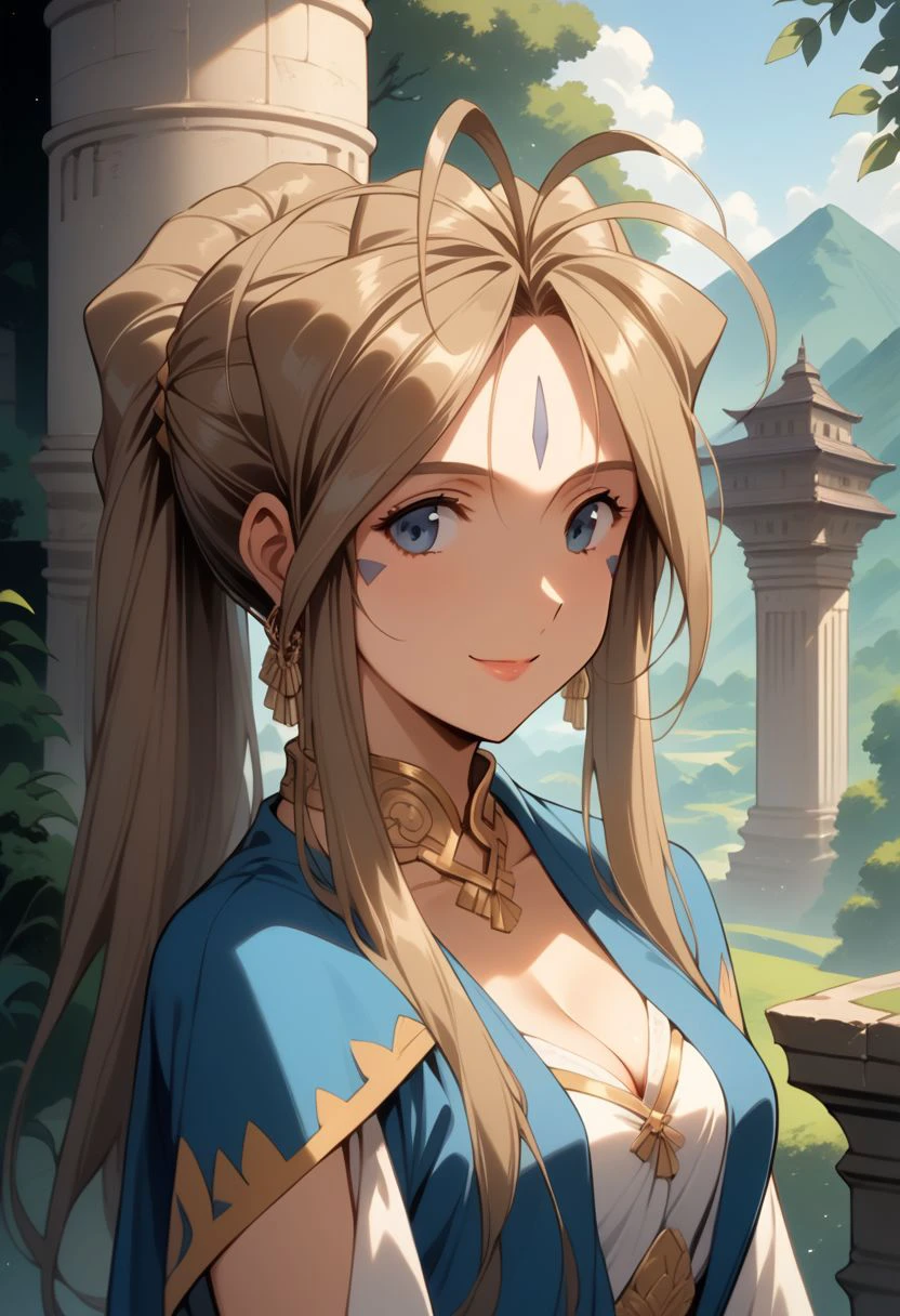 score_9, score_8_up, score_7_up, score_6_up, masterpiece, ultra detailed, best quality, source_anime, BREAK, 1girl, smile, closed mouth, Belldandy, blue dress with a golden trim, blue fingerless gloves, jewelry, cleavage, sleeveless dress, white underdress, golden choker, earrings, ancient temple, fantasy setting, mountains, outdoors, marble pillars, day, forest, delicate features, soft lighting