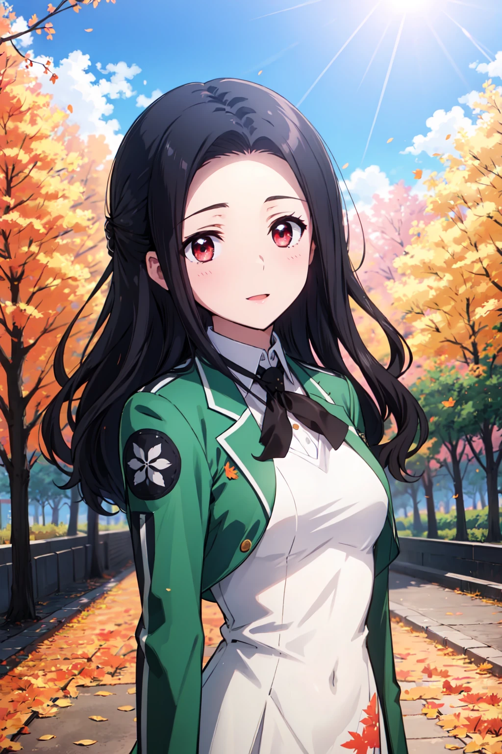 SaegusaMayumi, 4k, absurd, high resolution, very high resolution, high definition, masterpiece, upper body, green jacket, short jacket, open jacket, black tie, white dress, collared dress, transparent, long dress,
Outdoor, school, trees, autumn leaves, sunny, rays of light, lens flare, depth of field, bokeh,
standing, v-arms<lora:EMS-372498-EMS:0.700000>