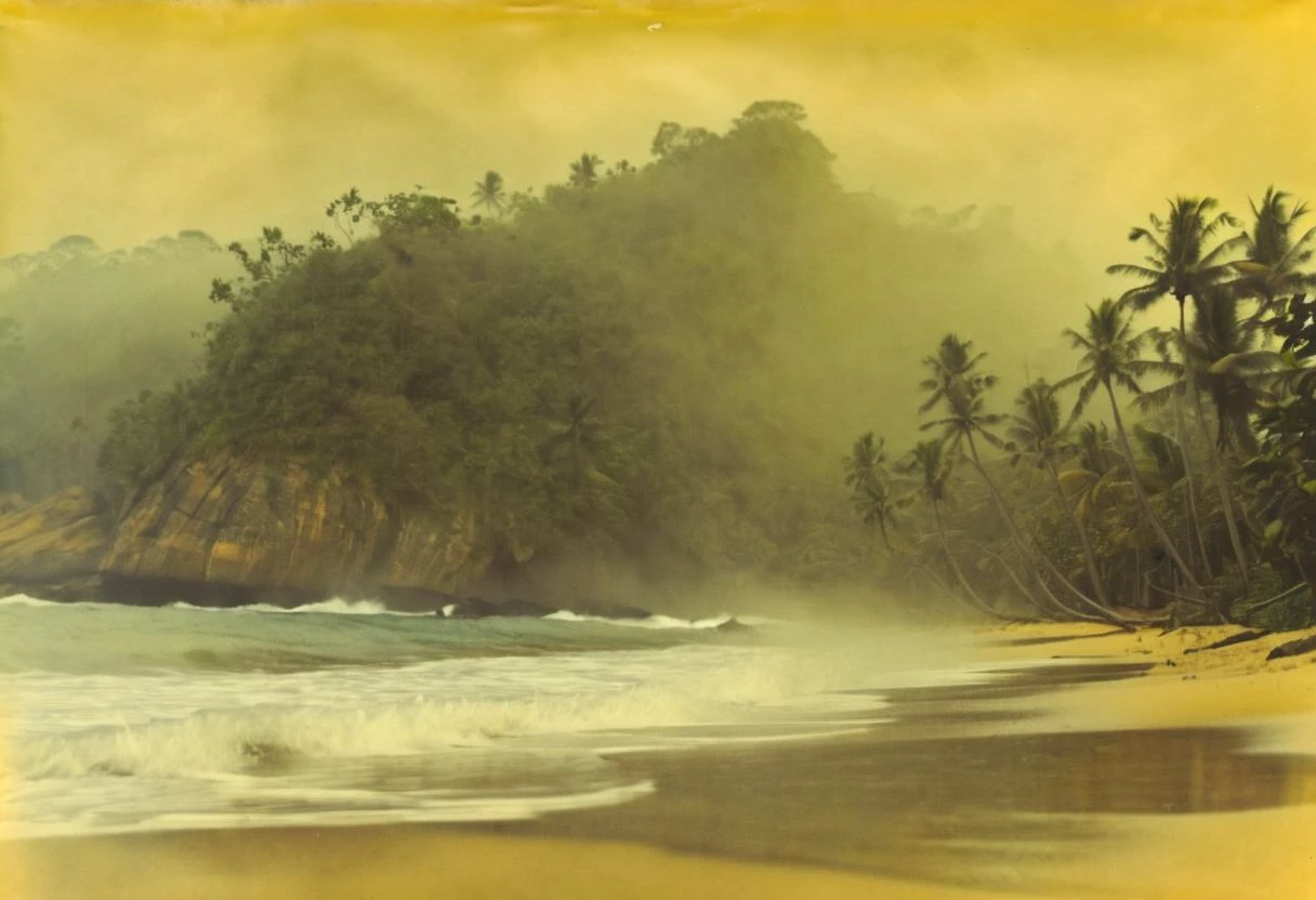 colouring_experiment_analogue, a foggy beach in sri lanka, hard shadow