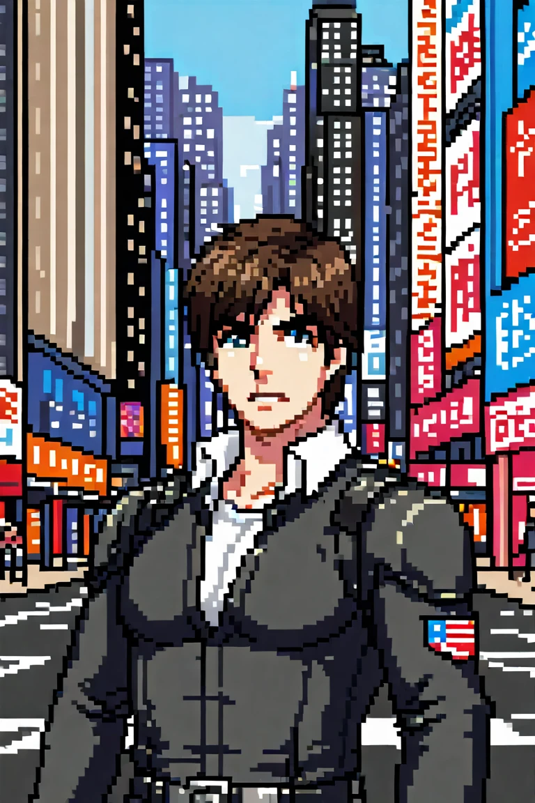 1boy,  tom cruise, upperbody, street of new york  <lora:Pixel_Art_XL:0.8>