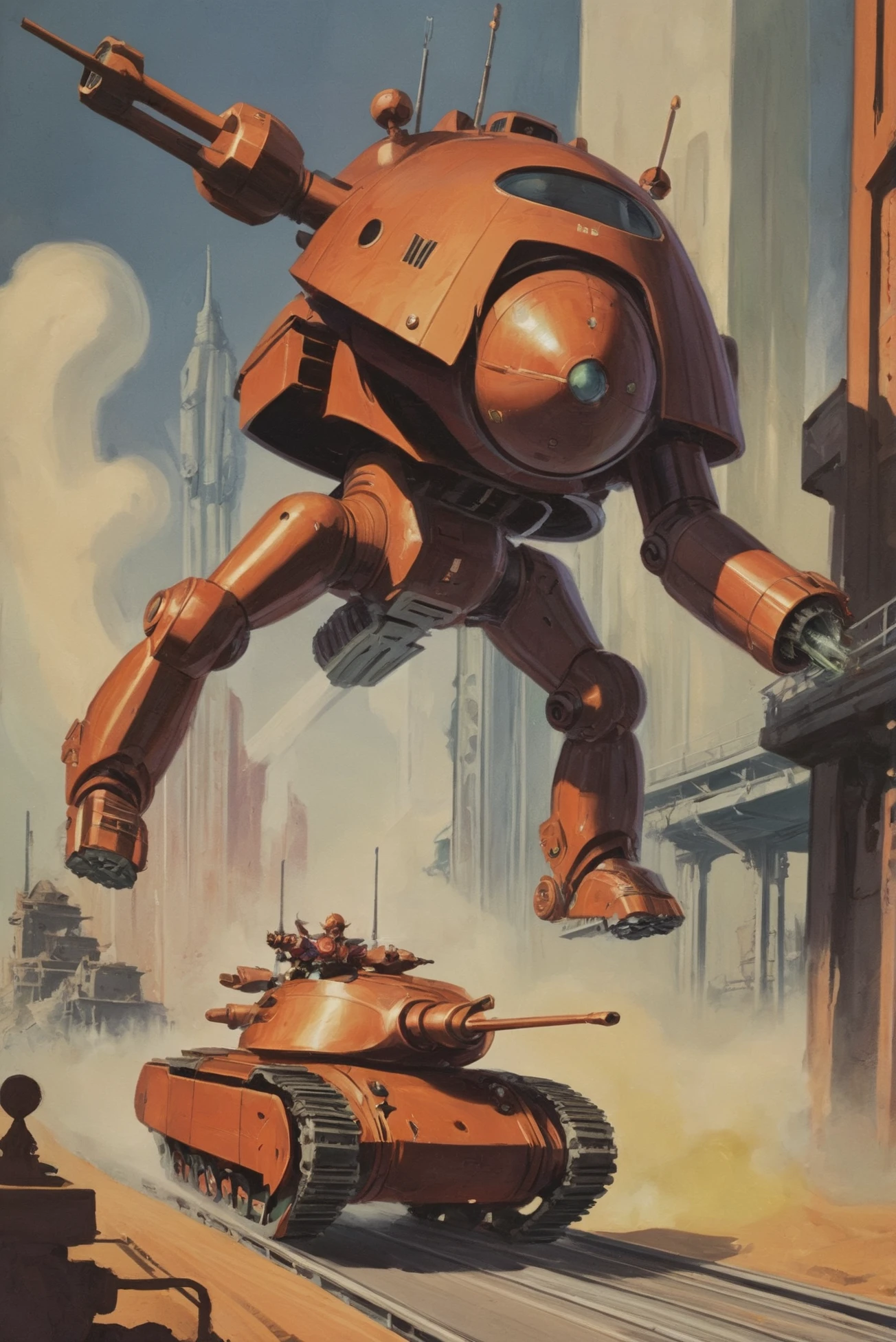 vintage 1940s pulp scifi poster, A colossal, armored, space-age battle tank with a multi-dimensional jump drive on an elevated highway in a city<lora:EnvyStarlightPulpScifi01:1>