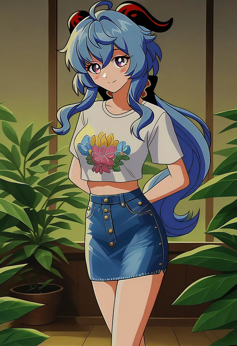 ganyu, 1girl, solo, horns, long hair, blue hair, ahoge, skirt, looking at viewer, smile, shirt, crop top, denim skirt, blush, purple eyes, sidelocks, alternate costume, medium breasts, plant, indoors, multicolored eyes, closed mouth, goat horns, gradient eyes, detailed textured clothing,  PopArtPDXL  zPDXL