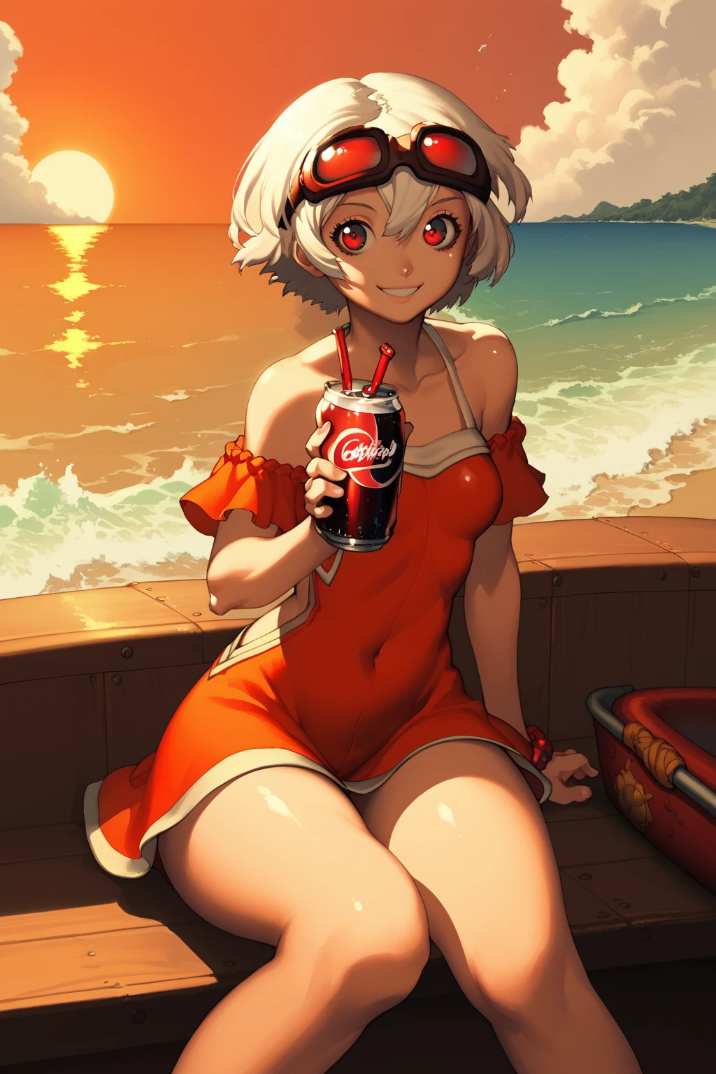 score_9, score_8_up, score_7_up, masterpiece, high quality
 <lora:NiwamaruPonyLora:0.7> niwamaru, white short hair, googles on hea, cleaverage, short summer dress, sitting on the beach, sunset, waves, boats, red clouds, holding a soda, smile
  <lora:Blade&SoulPonyLyco:1> bns