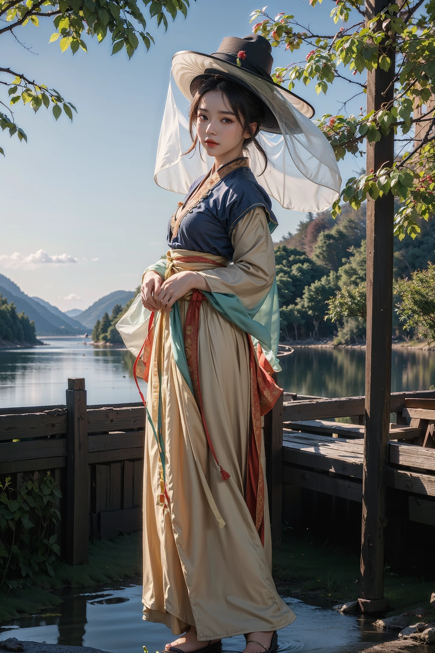 1girl, veil_hat, hanfu, stand, full body, landscape, day,masterpiece, best quality, 8k,<lora:veil-hat-dim32:1>,