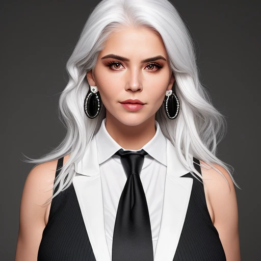 large breasts, black sweater, white hair, realistic, sleeveless, hair between eyes, necktie, earrings, black jacket, shirt