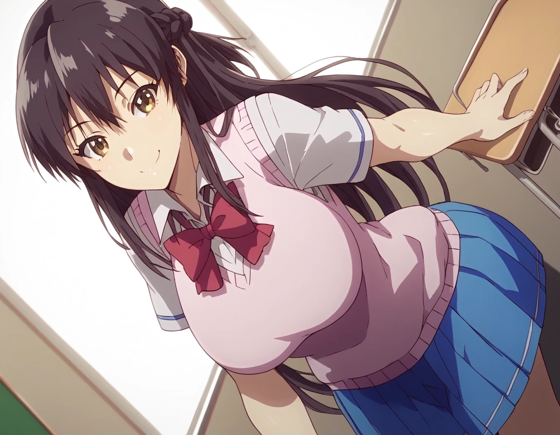 score_9, score_8_up, score_7_up, source_anime,
yurishibasaki, <lora:yuri-shibasaki-ova-ponyxl-lora-nochekaiser:1>,
yuri shibasaki, long hair, black hair, brown eyes, braid, half updo, large breasts,
bow, school uniform, bowtie, red bow, sweater vest, pink sweater vest, skirt, blue skirt, pleated skirt,
indoors, classroom, bent over, smile,
solo, dutch angle, looking at viewer, cowboy shot,