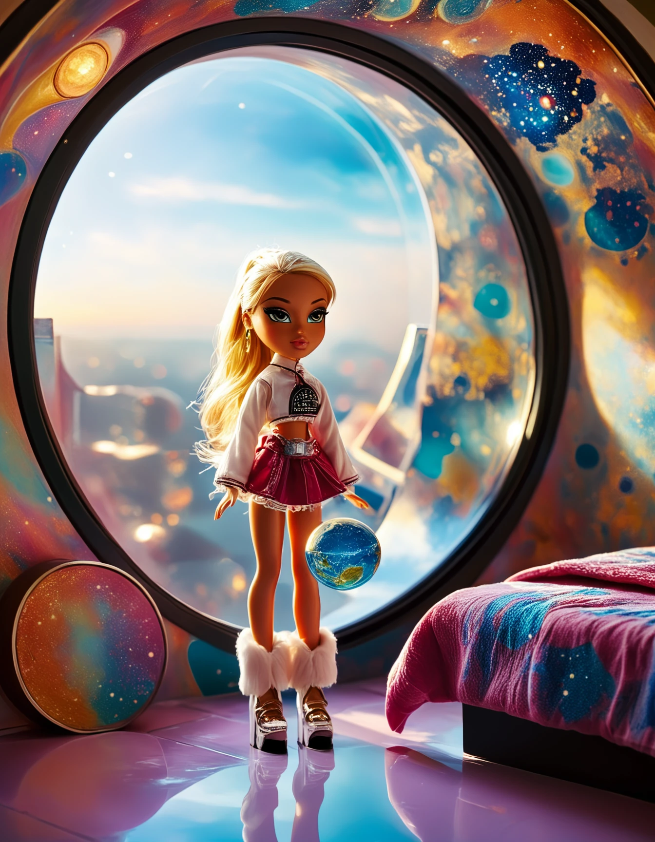 Bratz, (Tatsumaki:1.15) as a plastic Doll at a
 , The image shows an interior space that appears to be a futuristic bedroom. A person is standing in front of a large circular window that offers a view of the Earth, seemingly from outer space. They are looking out towards the planet. 