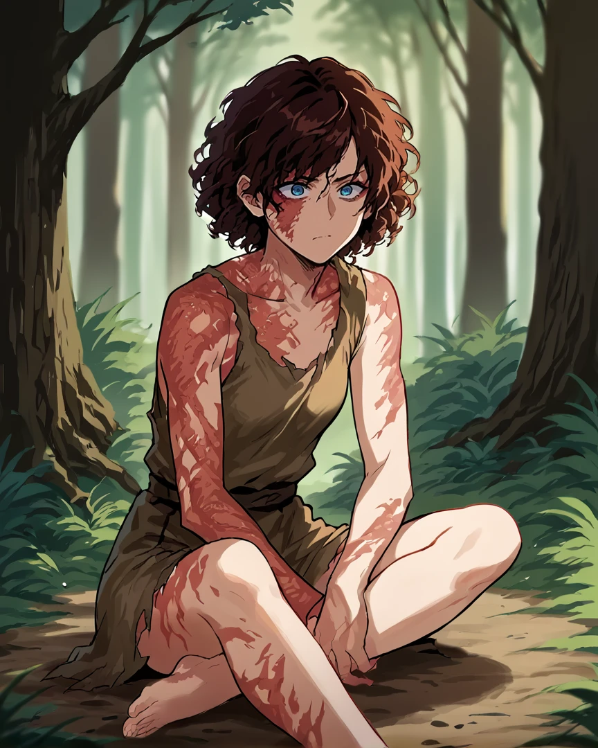 1girl, solo, brown hair, curled hair, blue eyes, one-piece rags, torn clothing, pouting, sitting, forest, <lora:Rags__Slave_clothing_Lora_Pony-000006:1>, <lora:Burn_Scar_Lora-000009:1> burn scar, multiple burn scars, burn scars on body, burn scar on face, burn scar on arm, burn scar on leg, burn scar on chest,, , score_9, score_8_up, score_7_up, score_6_up, score_5_up, score_4_up, source_anime,masterpiece,