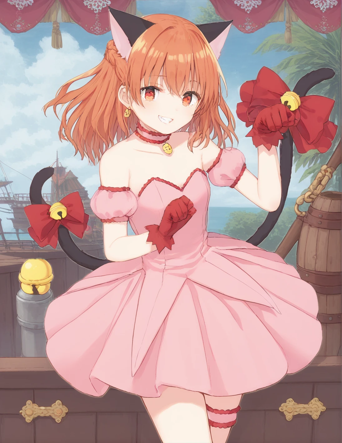 score_9, score_8_up, score_7_up, best quality, masterpiece, 4k, uncensored, prefect lighting, rating_explicit, very aesthetic, anime ,absurdres ,zPDXL, zPDXLpg,1girl, solo, <lora:sdxl-lyco-mew_ichigo-cosplay-ponyDiffusionV6XL-v1:1>, mew_ichigo_cosplay, french braid hair, orange hair, tail bow, gloves, cat tail, red gloves, tail bell, choker, detached sleeves,pink dress, strapless, standing ,,,smile, best quality, very aesthetic, ultra-detailed, intricate details, 4k,BREAK on a pirate ship