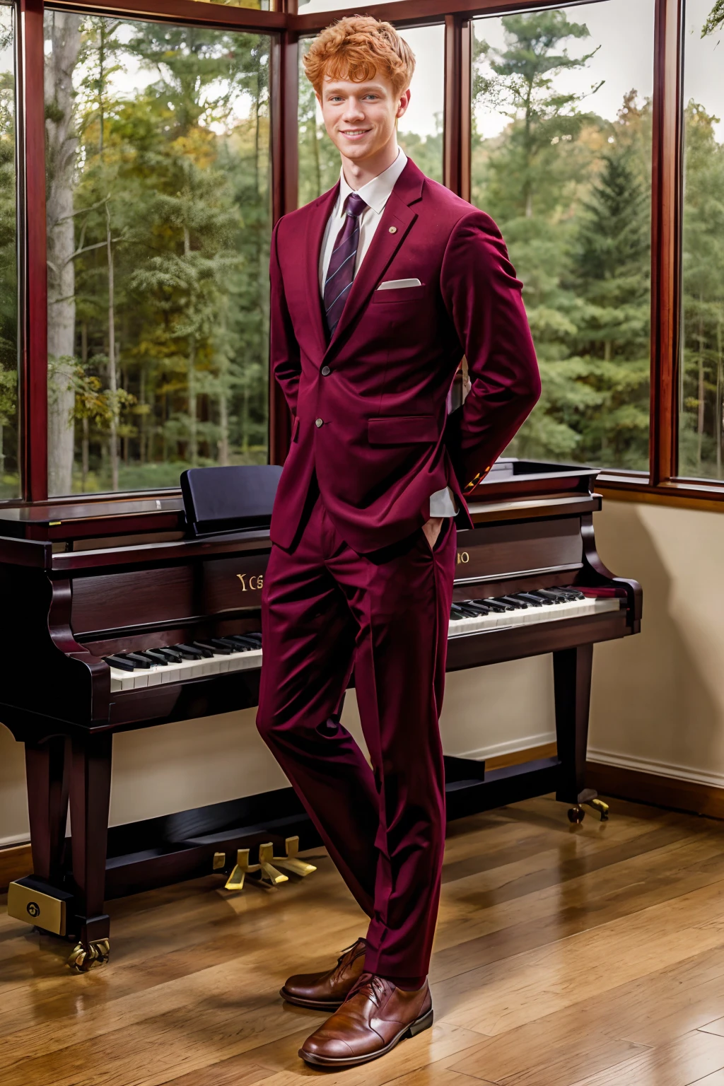 a music classroom, large windows, forest in the background, standing beside an upright piano, smiling, ginger hair, JakobBergen, wearing (maroon youngroyals uniform), (((full body portrait))), wide angle  <lora:JakobBergen:0.8>  <lora:youngroyals_lora:0.75>