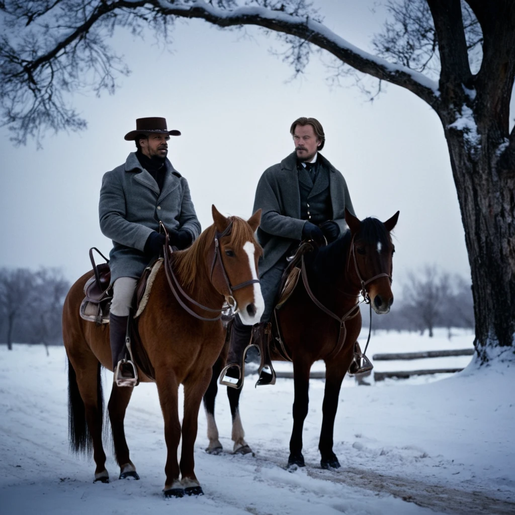 cinematic film still of <lora:detailed:0.2> 
<lora:perfection style:0.2>
<lora:Ron Fricke style:0.1>
 <lora:Django Unchained film style:0.8>
In 1858 two men riding horses in the snow,short hair,brown hair,long sleeves,holding,sitting,jacket,male focus,boots,outdoors,multiple boys,sky,day,pants,hood,2boys,bag,tree,animal,nature,scenery,snow,snowing,riding,winter,horse,horseback riding,saddle , 1800's, western film style, Django Unchained film style, shallow depth of field, vignette, highly detailed, high budget, bokeh, cinemascope, moody, epic, gorgeous, film grain, grainy