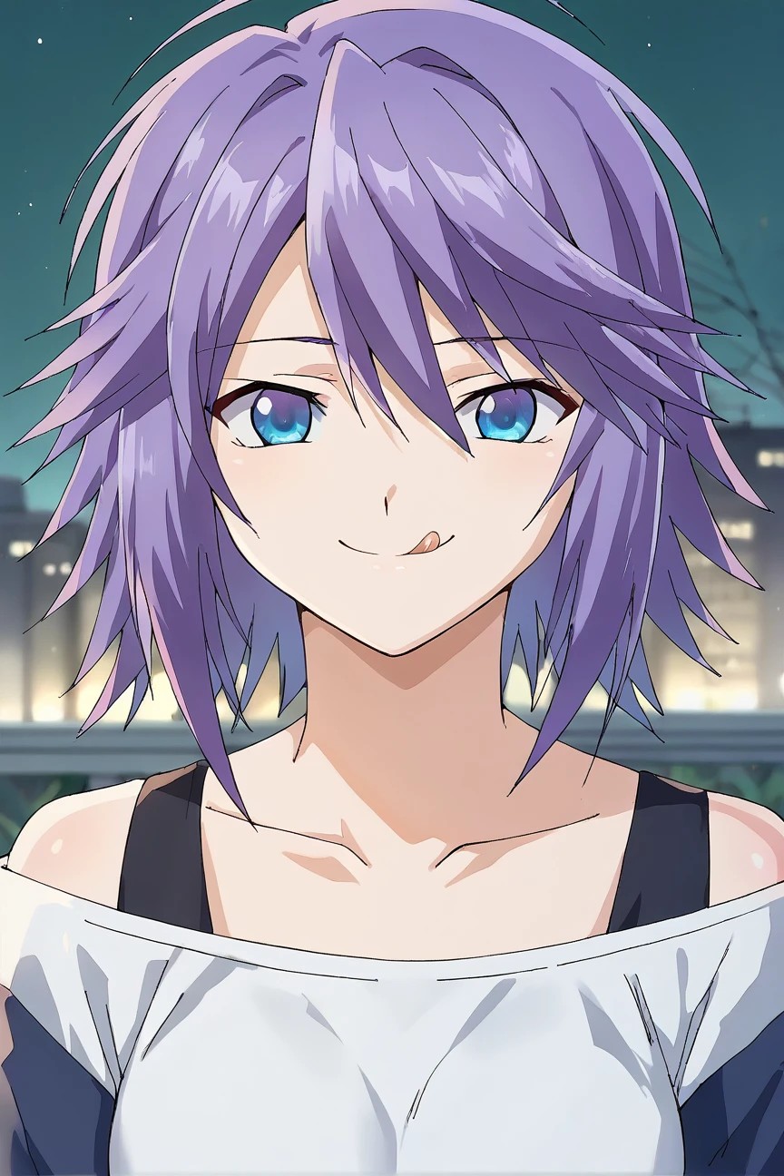 score_9, score_8_up, score_7_up, source_anime,Shirayuki Mizore, <lora:Shirayuki_Mizore_Pony:1>, purple hair, messy hair, blue eyes, casual clothes,  standing, smile, closed mouth, ((tongue out, bleh)), meme, front view, background city, at night, best quality, masterpiece