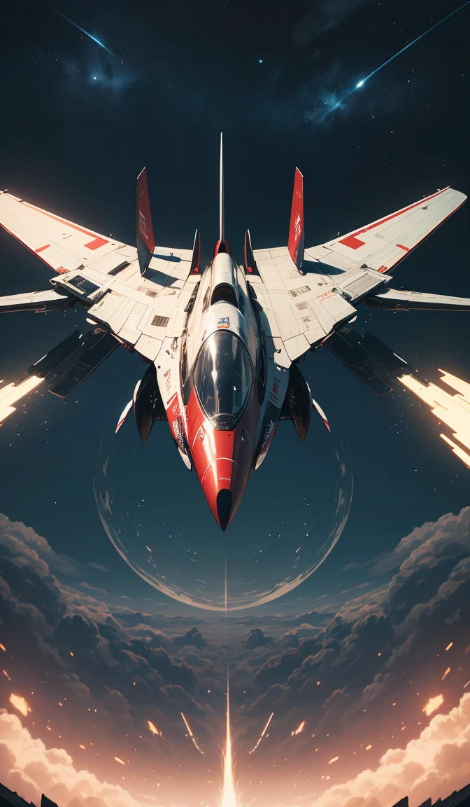 a (red and white:1.2) fighter starship flying in space,abstract dream, space, intricate, grand scale, alone, cinematic film still, insane detail, sharp focus, depth of field, realistic lighting, (realistic perspective), complex, (multiple subjects), 4k HDR,
