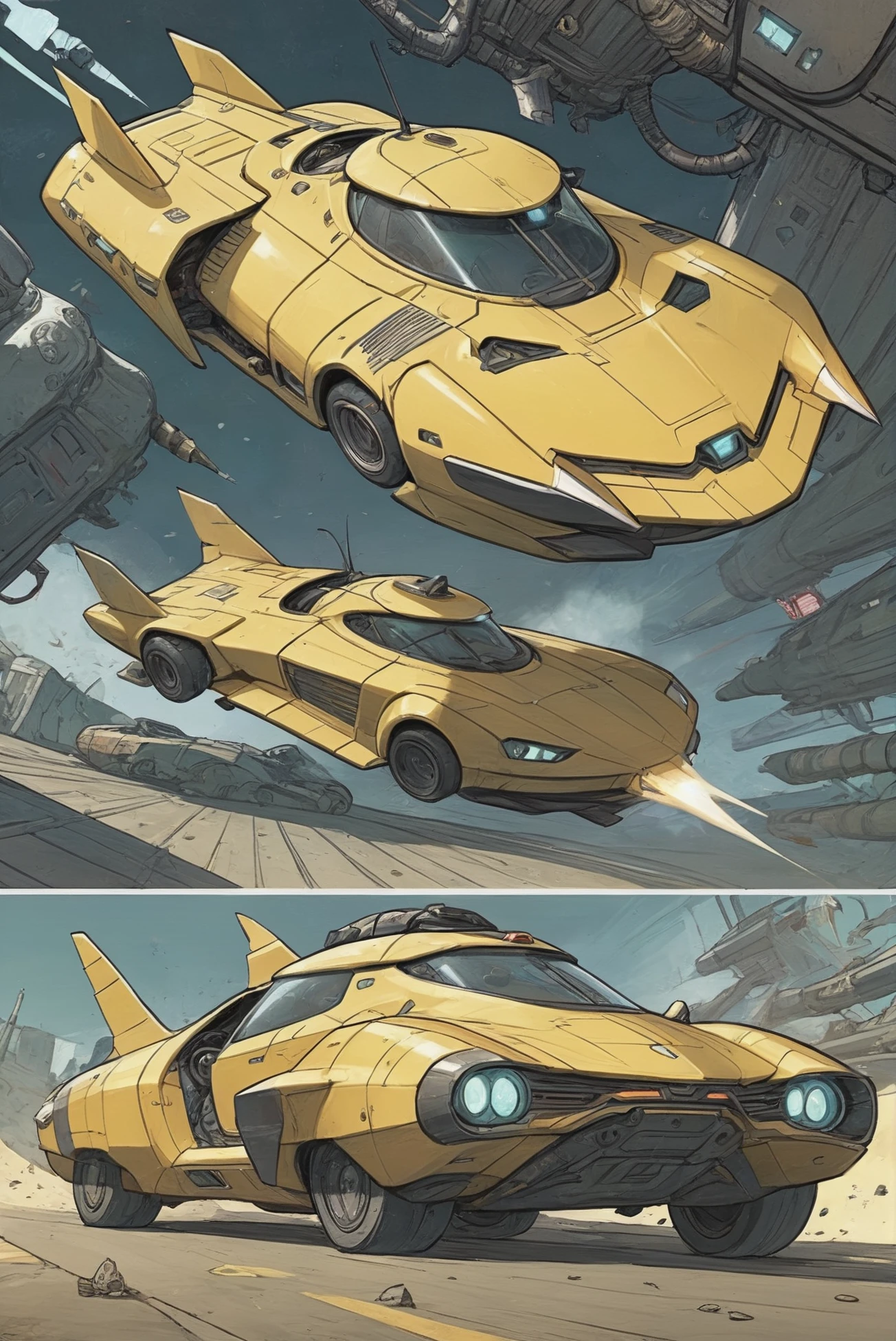 comics style, sharp outlines, A space-age, maneuverable dark yellow racing hovercar <lora:EnvyStarlightComics04x:1>