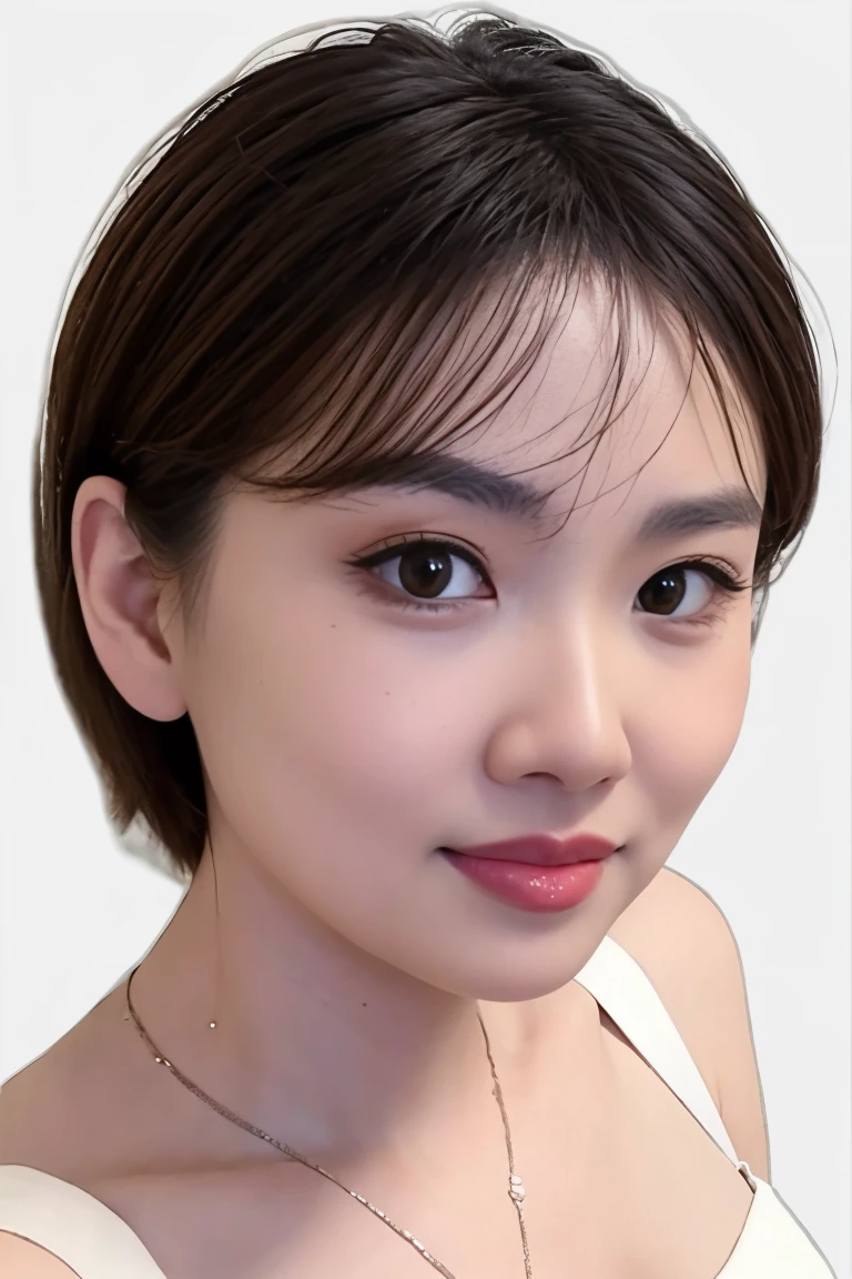 (masterpiece, top quality, best quality, (close-up photograph: 2), ((1girl)), korean, fair skin, (extremely detailed face), ((looking at viewer)), ((((ultra-detailed eyes and pupils)))),((((ultra-detailed lips)))) cheekbone, plump cheeks, ((bare pectorals)), ((bare chest)), ((tube dress)), bare head, ((bare shoulders)), symmetrical frame, (((strapless))), ((closed lips)), (((smile))), ((symmetrical pose)), (symmetrical face: 1.6), 35mm, ((((minimal plain white background)))), ((no lighting)),no watermark, ((medium hair)), <lora:yanluo:0.7>