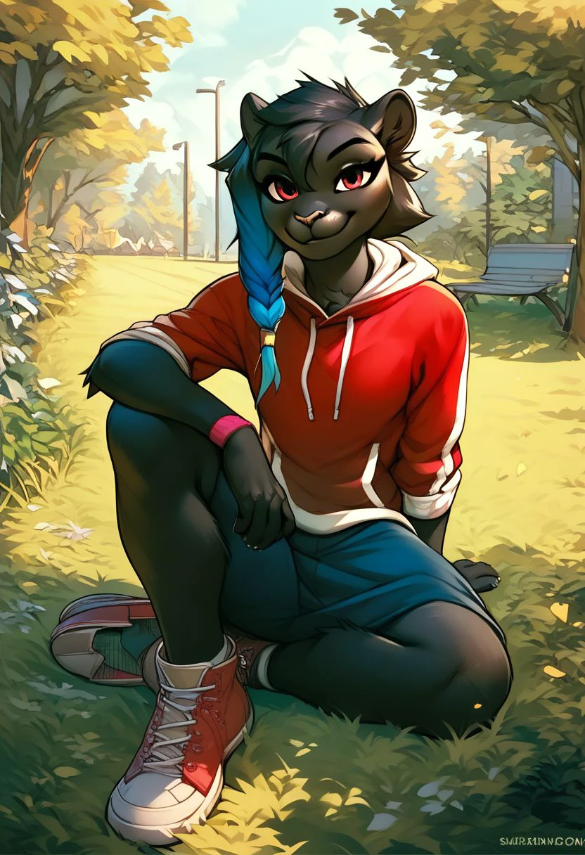 score_9, score_8_up, score_7_up, score_6_up, score_5_up, score_4_up, outdoors, park, clairenLovers, blue braid, furry, sitting, sitting on grass, under tree, smile, looking at viewer, one knee bent, sneakers