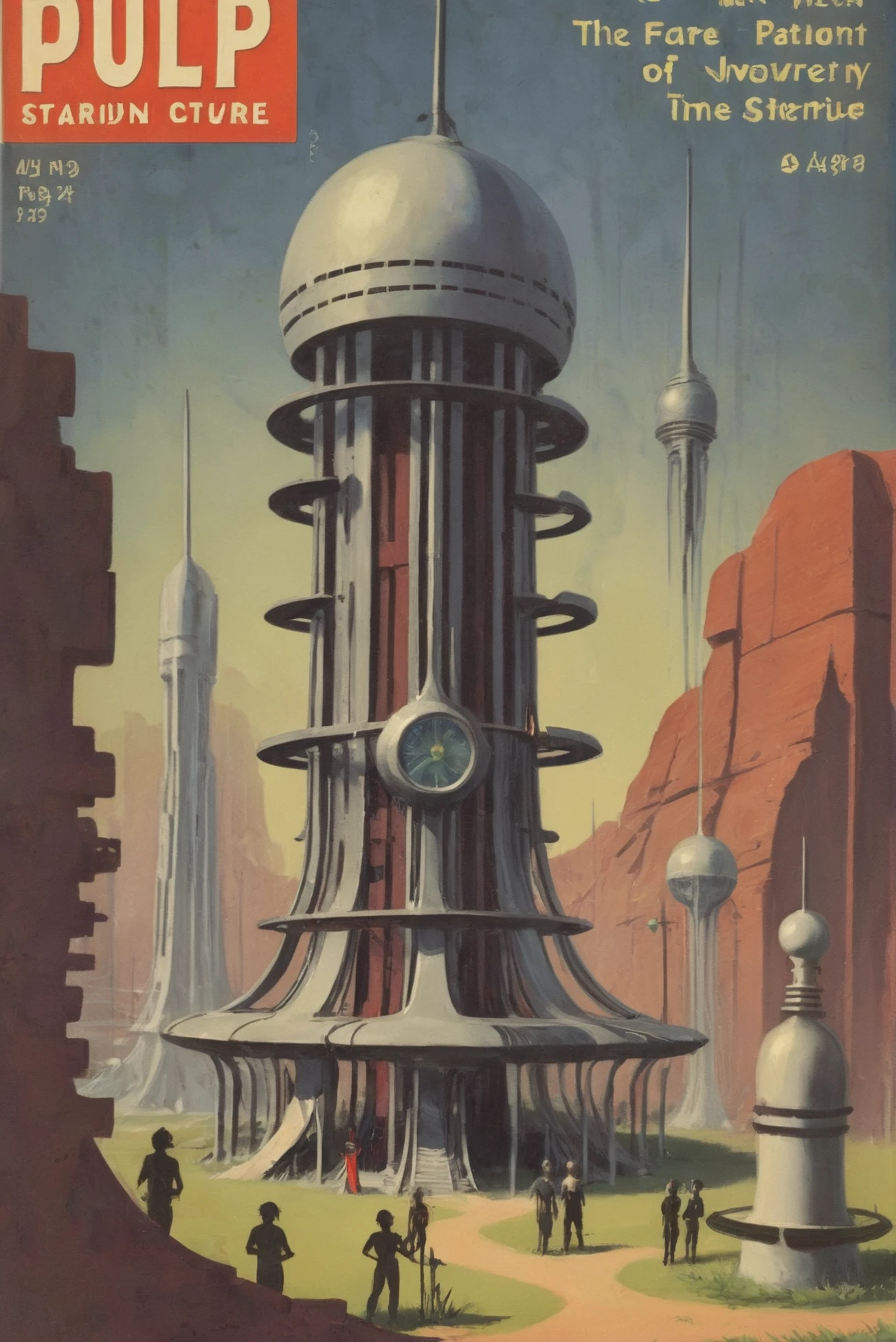 vintage 1940s pulp scifi magazine cover, sculpture garden in a pristine,Dystopian scifi vertical megastructure outside of time, masterpiece<lora:EnvyStarlightPulpScifi01:1>