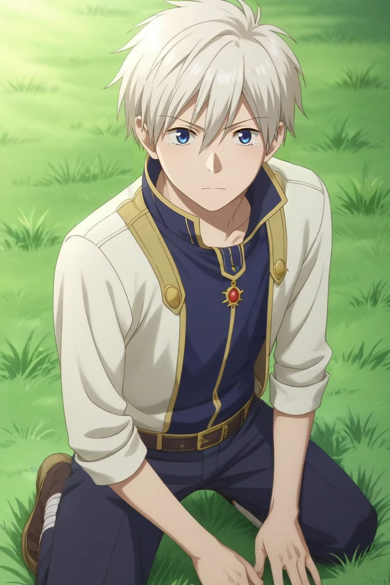 score_9, score_8_up, score_7_up, source_anime, rating_safe, , (photorealistic:0.6), , , 1boy, solo, male focus, <lora:zen_wistalia_pony:0.98>, zen_wistalia, white hair, blue eyes, short hair, hair between eyes, bangs, wide angle, wide shot, cowboy shot, grass, midnight, kneeling, tearing up, zombie hunter costume, <lora:sdxl_lightning_8step_lora:1>