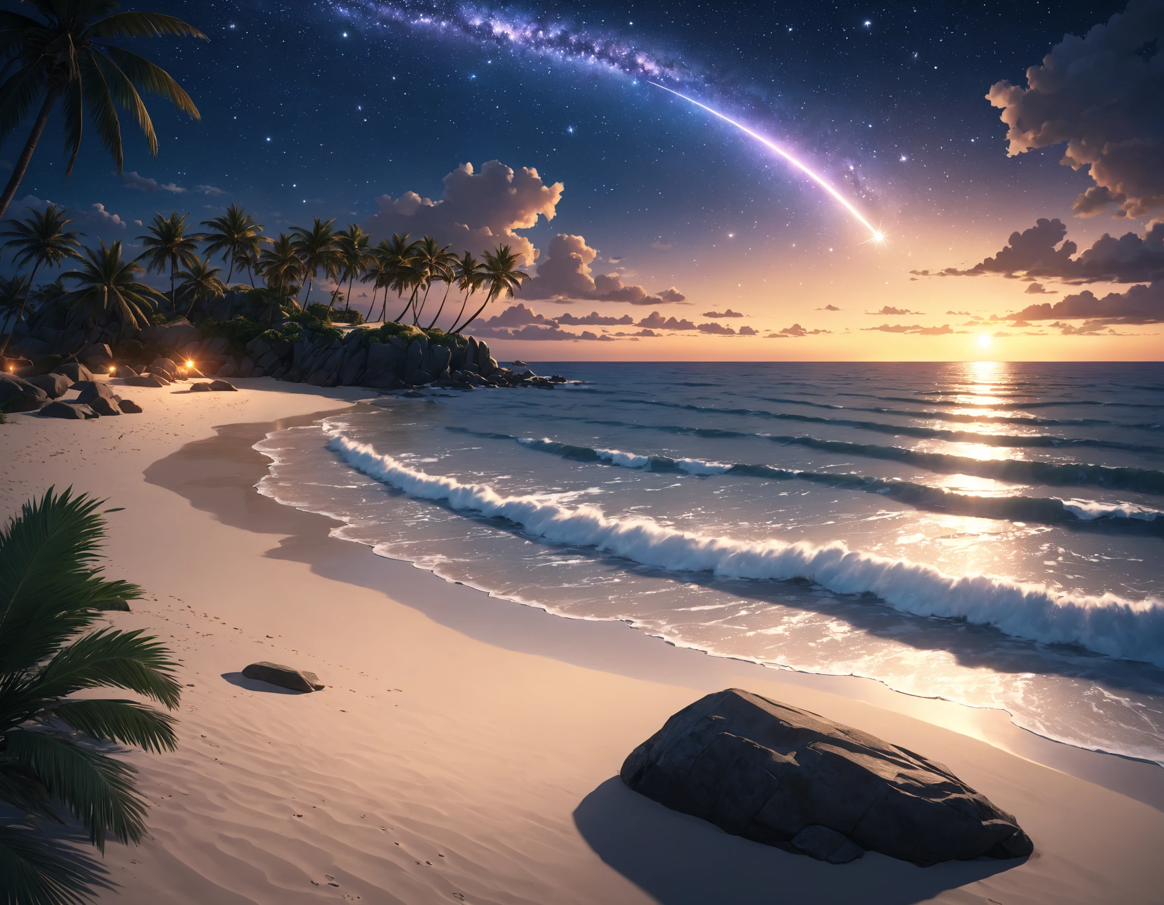 outdoors, sky, cloud, water, tree, no humans, night, ocean, beach, star (sky), night sky, scenery, starry sky, sunset, rock, sand, palm tree, horizon, waves, shore, shooting star, cinematic angle, cinematic lighting, masterpiece, official art,