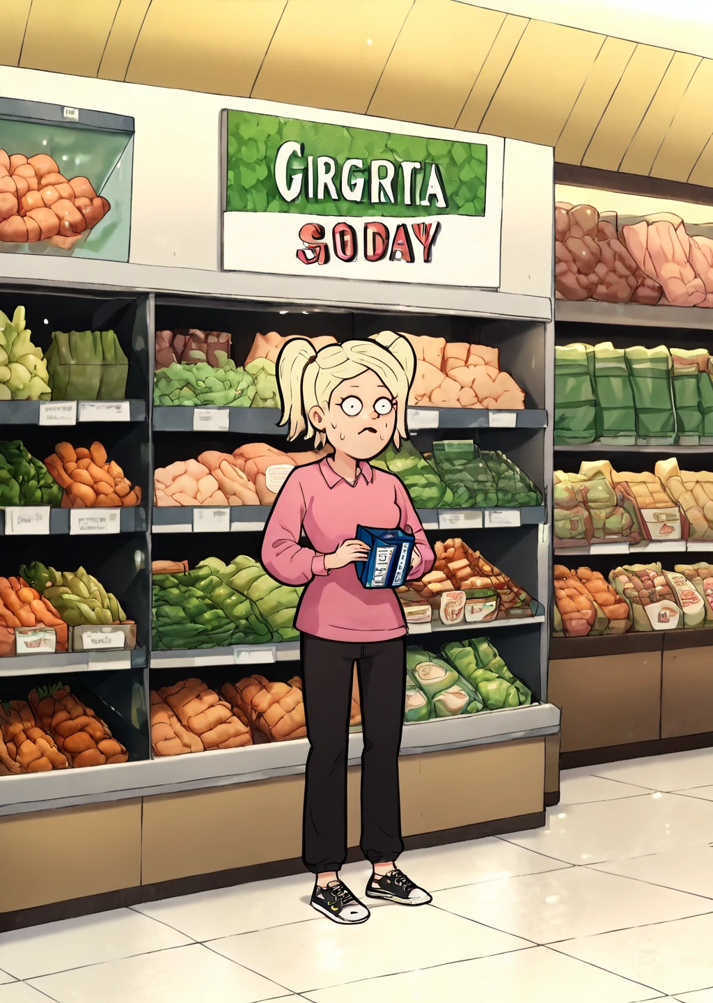 score_9, score_8_up, score_7_up, score_6_up, <lora:Regular_Show_Style:0.8>, regularshow, 1girl, solo, blonde, pink shirt, black sweatpants, detailed background, grocery store,