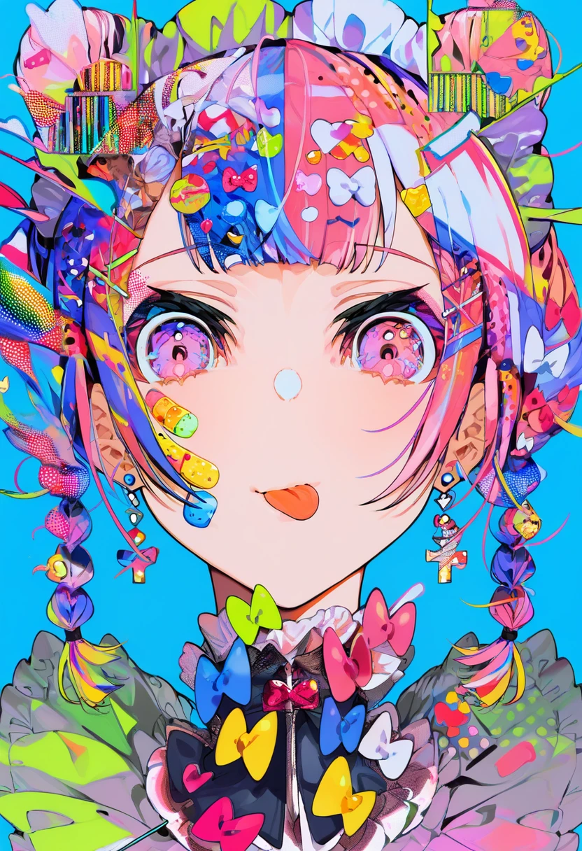 score_9, score_8_up, score_7_up, score_6_up, <lora:MikaPikaZoXL_P6_lokr_V42310:0.95> 1girl, solo, colorful, tongue, tongue out, portrait, looking at viewer, jewelry, earrings, bandaid, bow, maid headdress, hair ornament, pink hair, blue background, bandaid on face, braid, multicolored hair, twin braids, pink eyes, heart, hairclip, maid, white bow, :p, frills, hair bow, blunt bangs, sticker on face, multiple hair bows, yellow bow, x hair ornament, simple background, purple eyes, halftone, blue bow, closed mouth
