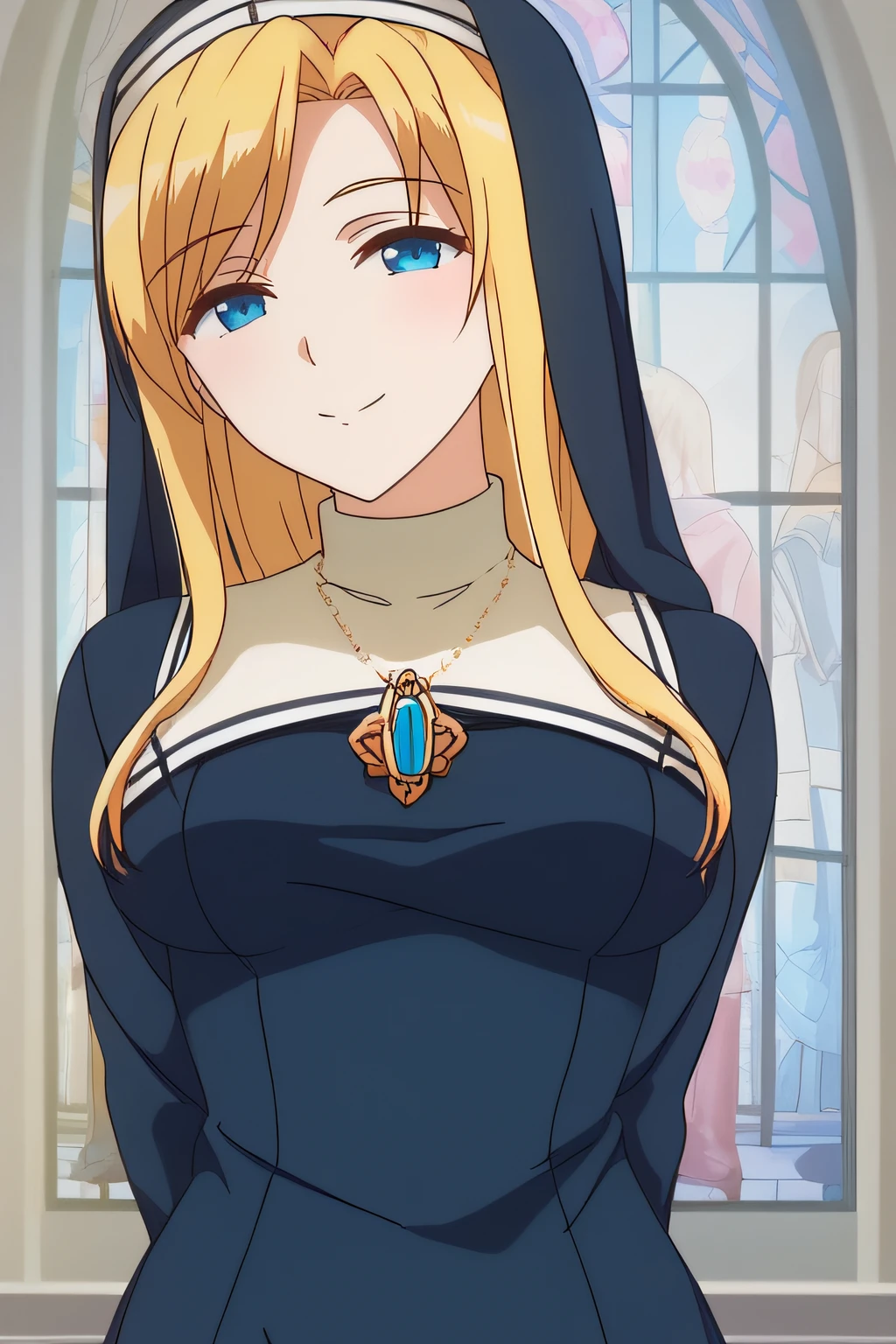 score_9, score_8_up, score_7_up, source_anime, rating_safe, intricate details, anime screencap, official style, <lora:Opantsu_nun:1>, maria, blonde hair, blue eyes, nun, habit, black dress, necklace, medium breasts, looking at viewer, hips, long dress:1.2, mature woman, smile, standing, (cowboy shot), arms behind back, 1girl, solo, stained glass, church