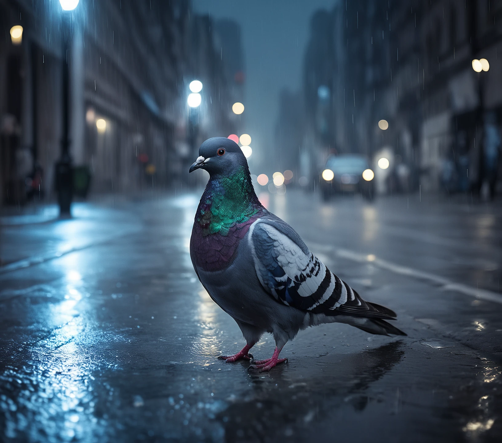 pigeon on a city street, rain, photograph, night