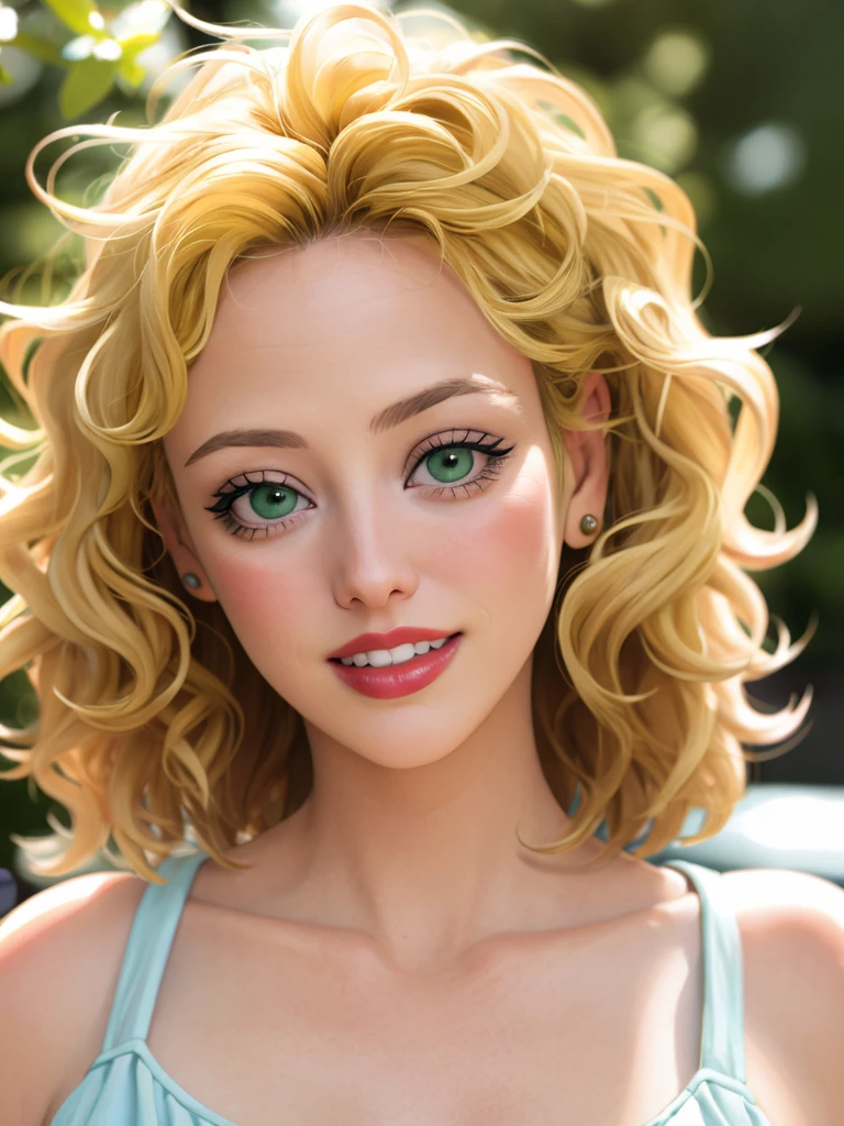 Realistic photo of a beautiful v1rg1n14m woman,1girl, solo, short hair, (((blonde hair))), green eyes, parted lips, teeth, lips, eyelashes, looking away, portrait, curly hair, realistic, red lips, soft lighting, professional Photography, Photorealistic, detailed, RAW, analog, sharp focus, 8k, HD, DSLR, high quality, Fujifilm XT3, film grain, award winning, masterpiece<lora:v1rg1n14m:1.0>