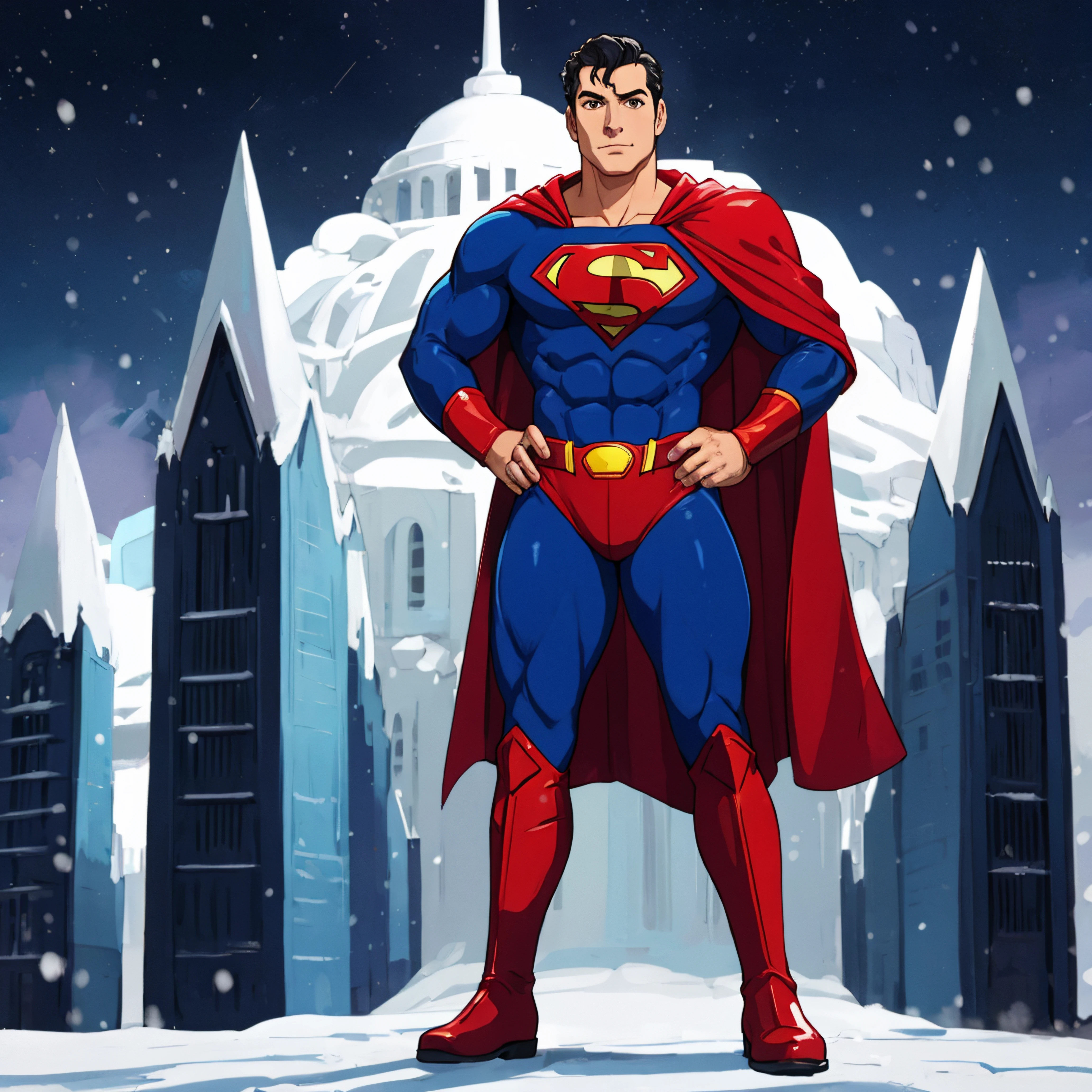 Superman's Fortress of Solitude, snow, confident, RyanRockford wearing blue classic superman suit, blue superhero suit, red cape, red boots, (metallic sheen), hands on hips, (((full body portrait))), wide angle   <lora:RyanRockford:0.8>  <lora:Superman Classic - Life Like Diffusion:0.75>  <lora:Superhero_suit:0.2>, studio ghibli