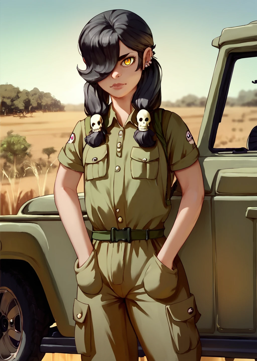score_9, score_8_up, score_7_up, score_6_up, <lora:Sam_Spartan:0.6>, Sam, 1girl, solo, skull hair ornament, black hair, twintails, piercing, yellow eye, hair over one eye, detailed background, outback, safari, safari outfit, jeep,