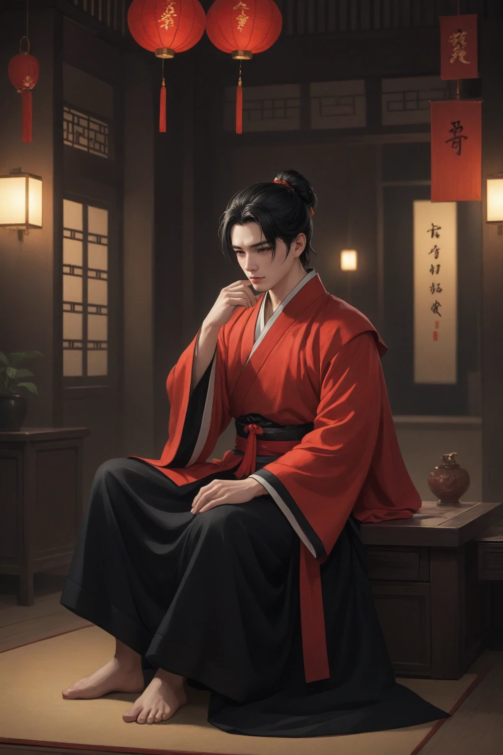 male,  pale skin, black hair, ponytail, black eyes, clothes in male red hanfu, sitting, crying, holding a red ribbon, night, china room nature interior