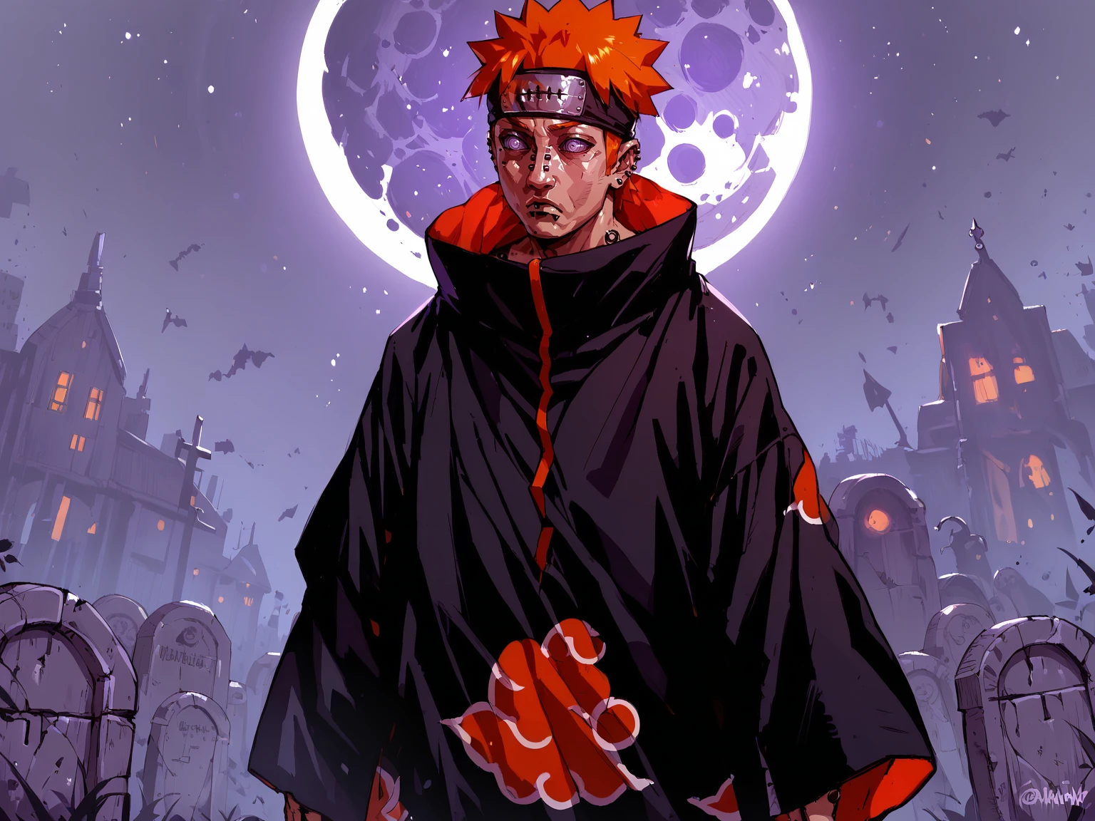 <lora:NarutoConceptStyle:0.8>, <lora:pa1nV2:0.8>, 1boy, pa1n, purple ringed eyes, orange hair, spiked hair, short hair, forehead protector, piercing, nose piercing, ear piercing, lip piercing, akatsuki outfit, long sleeves, black nails, ring, walking, graveyard, solo, night, moon, looking to the side, upper body, hand up, <lora:SeungEunKim:0.8>, score_9, score_8_up, score_7_up