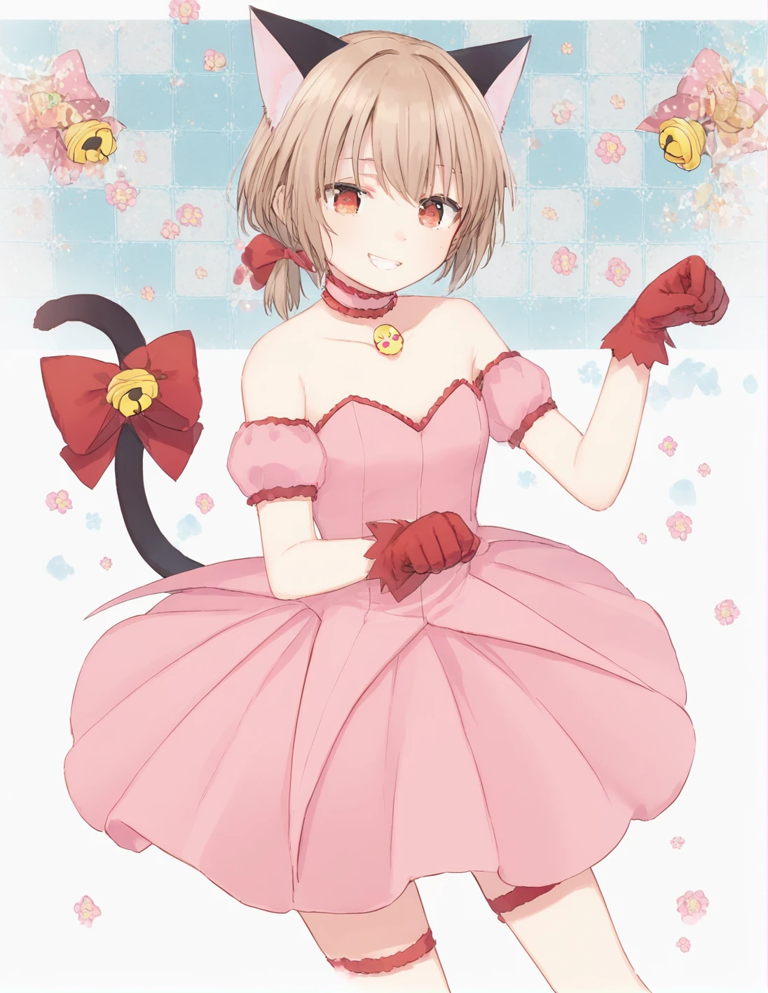 score_9, score_8_up, score_7_up, best quality, masterpiece, 4k, uncensored, prefect lighting, rating_explicit, very aesthetic, anime ,absurdres ,zPDXL, zPDXLpg,1girl, solo, <lora:sdxl-lyco-mew_ichigo-cosplay-ponyDiffusionV6XL-v1:1>, mew_ichigo_cosplay, short ponytail, light brown hair, dark skin , , tail bow, gloves, cat tail, red gloves, tail bell, choker, detached sleeves,pink dress, strapless, relaxed posture, elbows extended, standing, ,,smile, best quality, very aesthetic, ultra-detailed, intricate details, 4k,BREAK in a dystopian landscape