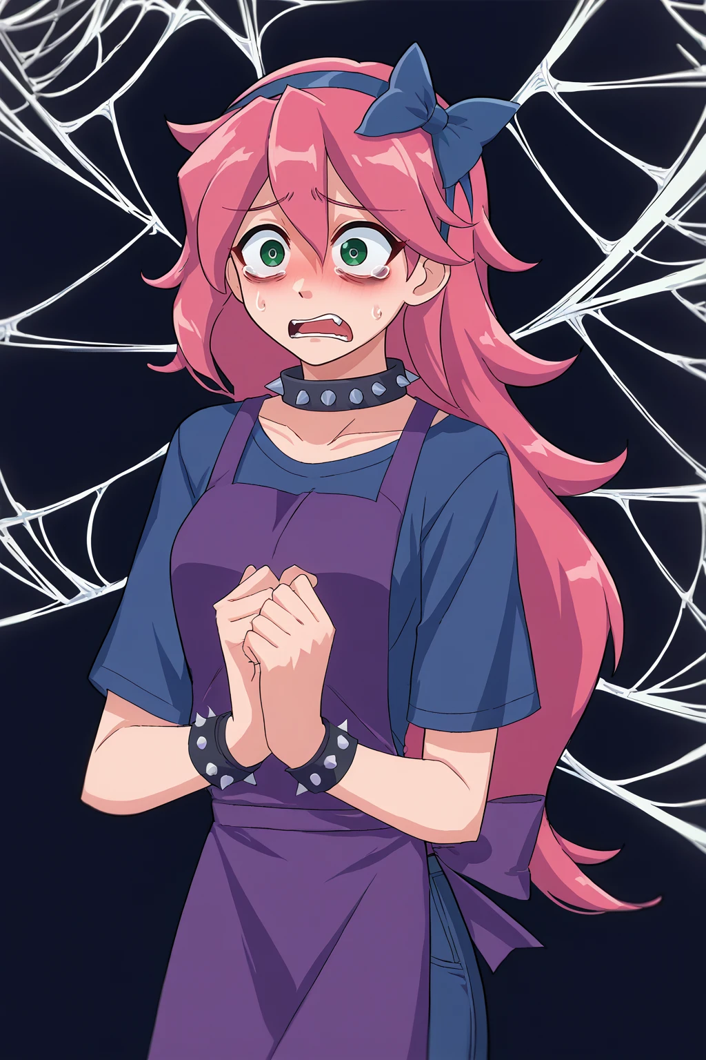 source_anime, score_9, score_8_up, 1girl, solo, <lora:NSStylistTerraria:1> NSStylistTerraria, pink hair, long hair, green eyes, blue shirt, purple apron, jeans, spiked collar, spiked wristband, hairband, hair bow, spider web, scared, spider