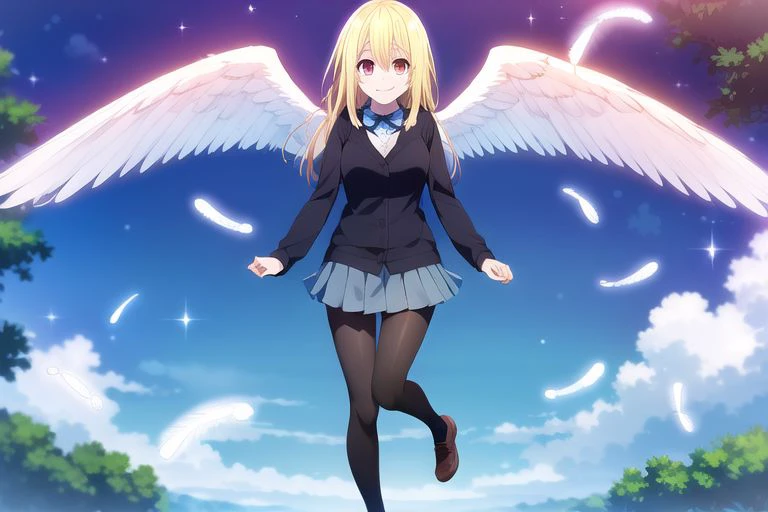 (masterpiece), amane lily, blonde hair, red eyes, 1girl, wings, solo, pantyhose, school uniform, feathers, angel wings, skirt, feathered wings, smile