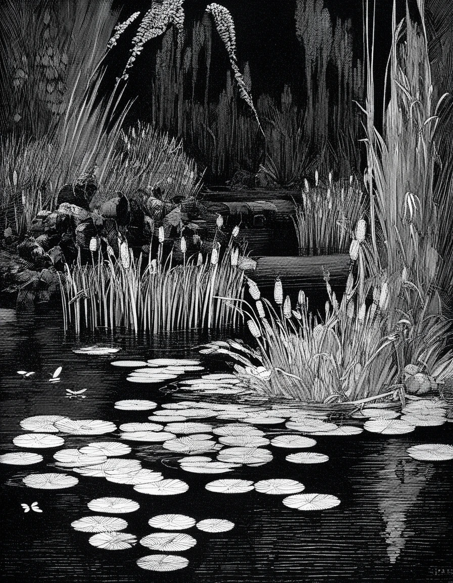 lily pond, cattails, small waterfalls, night, dragonflies, hollow log, franklin booth style <lora:franklin_booth_style_sdxl_v16-000013:1>