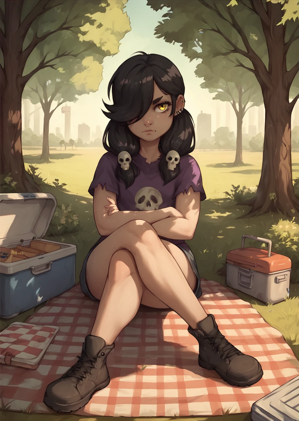 score_9, score_8_up, score_7_up, score_6_up, <lora:Sam_Spartan:0.6>, Sam, 1girl, solo, skull hair ornament, black hair, twintails, piercing, yellow eye, hair over one eye, detailed background, park, outdoors, picnic, cooler, crossed legs