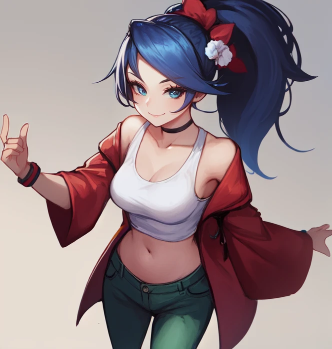 cowboy shot, solo, simple background, <lora:shiraizumiTamako(MMBN):0.5>, shiraizumi_tamako, long hair, navel, pants, midriff, green pants, red choker, smile, crop top, hair ornament, tank top, blue hair, long ponytail, red coat, wide sleeves, white tank top, wristband, from above, highres, Digital art, trending on artstation, best quality, insanely detailed, masterpiece, stunning environment, wide-angle,