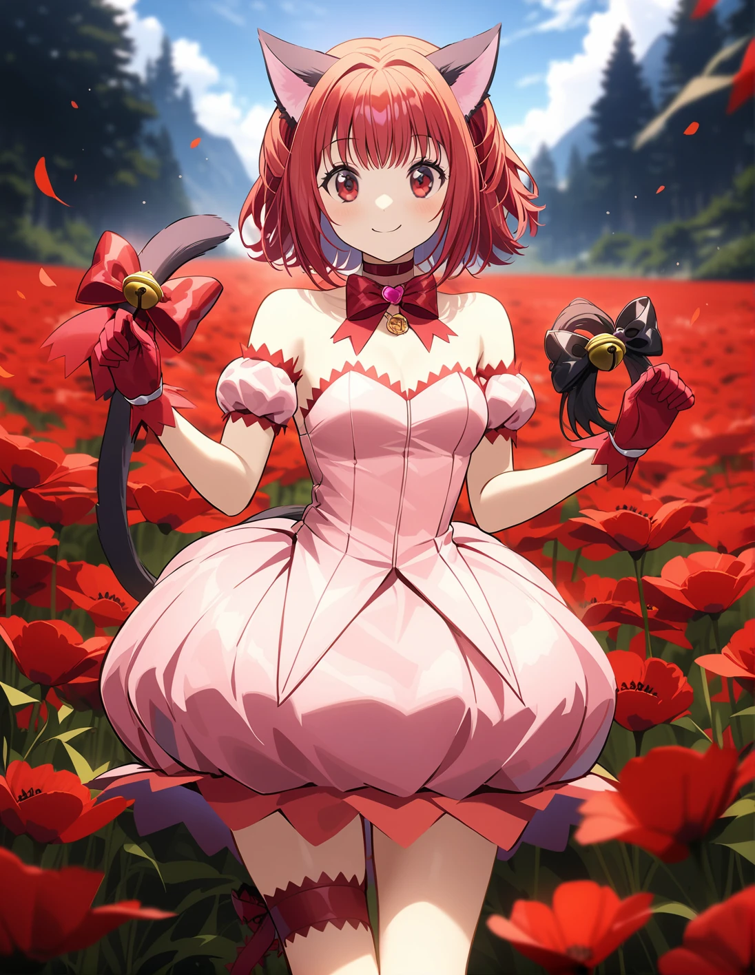 1girl, solo, <lora:sdxl-lyco-mew_ichigo-remake-animagine_xl_3_1-v1:1>, mew_ichigo_remake, tail bow, gloves, cat tail, red gloves, tail bell, choker, detached sleeves,pink dress, strapless, standing ,,,smile, best quality, very aesthetic, ultra-detailed, intricate details, 4k,BREAK in a poppy meadow