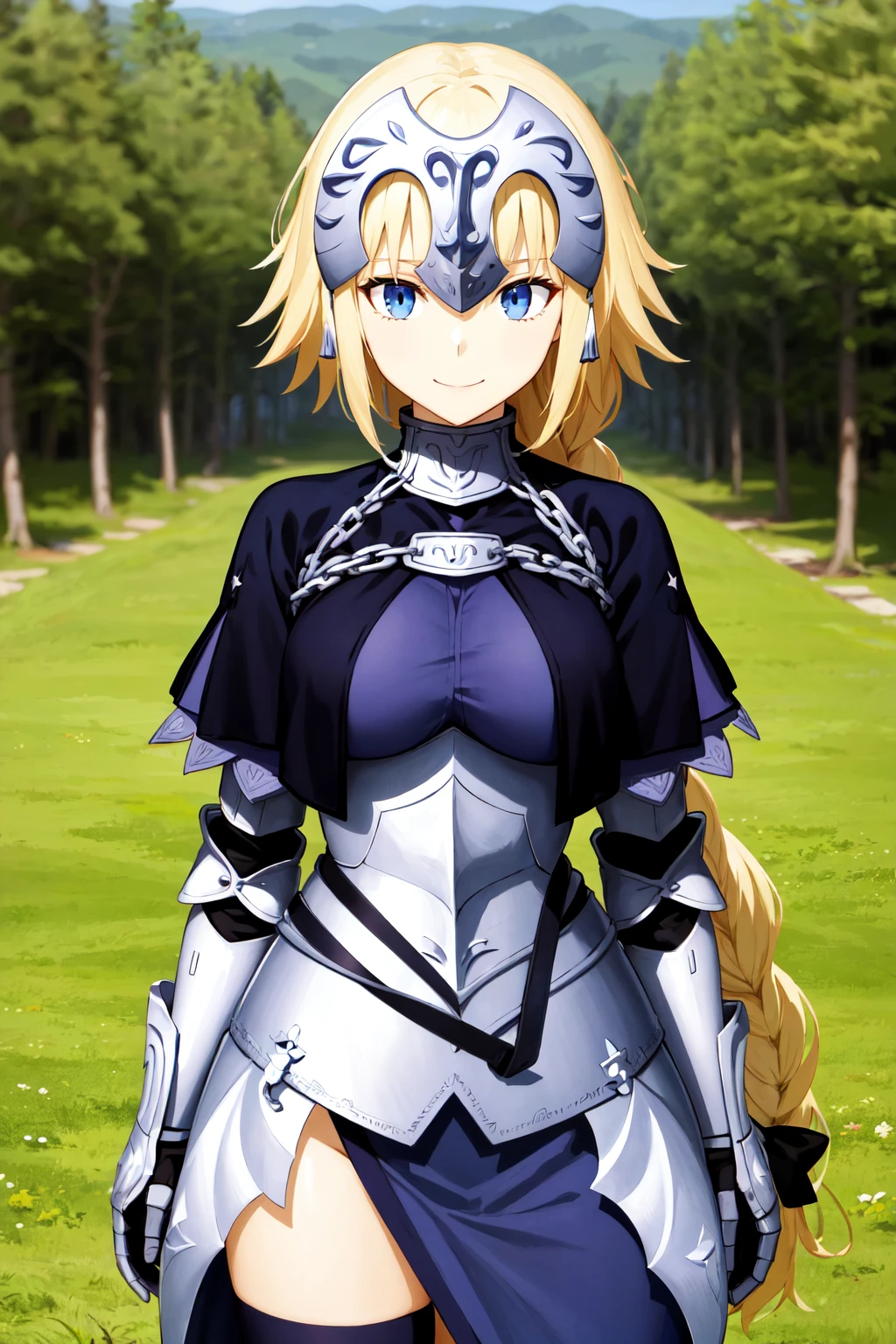 masterpiece, best quality, highres, aajd, long hair, single braid, long braid, headpiece, blue capelet, blue shirt, armor, armored dress, blue dress, gauntlets, black thighhighs, <lora:jeanne_d'arc_(fate)_v1:0.7>, standing, cowboy shot, outdoors, smile