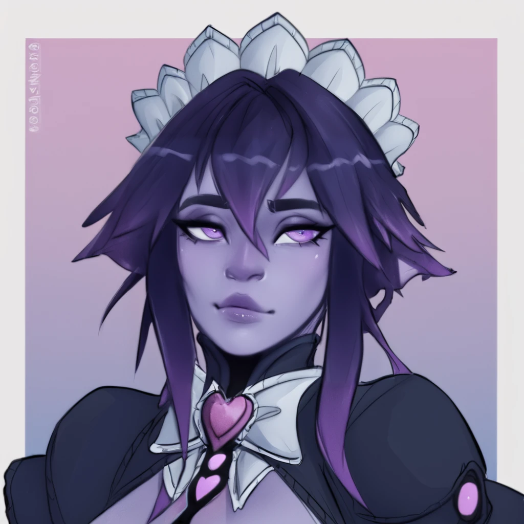 zPDXL, sh0ggoth, purple skin, portrait, maid outfit, maid headdress, <lora:MGE_-_Shoggoth_-_Pony:1>