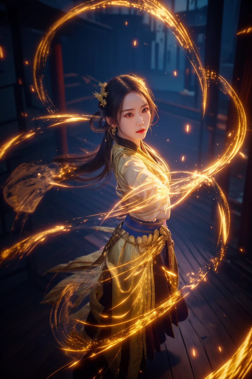 golden-aura,using golden-magic,golden-magic,ancient-costume,dancing,fighting stance,1girl,solo,<lora:magic_fighting_golden_512_15:0.8>,