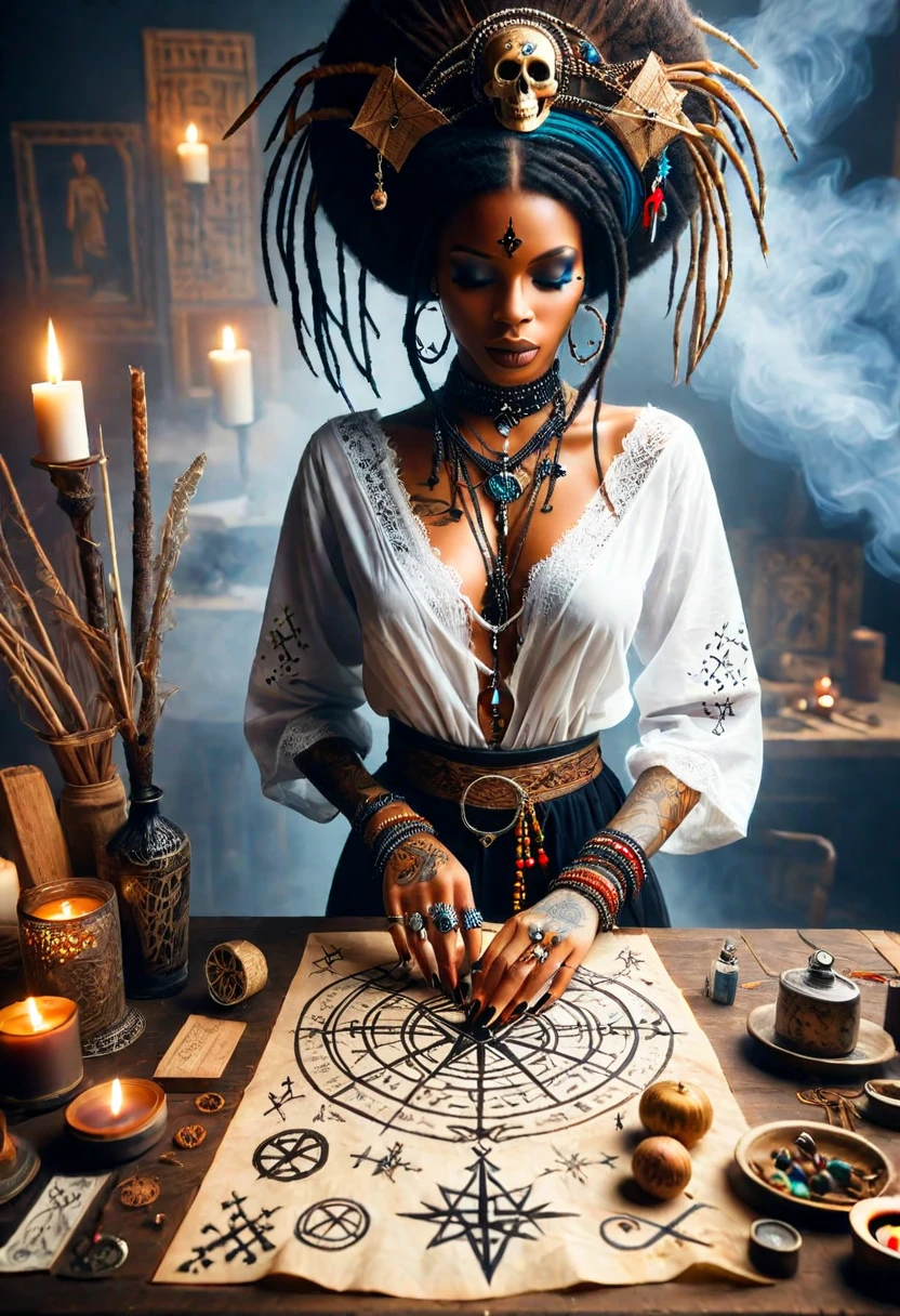 a voodoo woman wearing voodoo style clothing practicing voodoo magic, voodoo symbols and tattoos, table with spell ingredients, smokey, highly detailed, (masterpiece, high detail, best quality), realistic