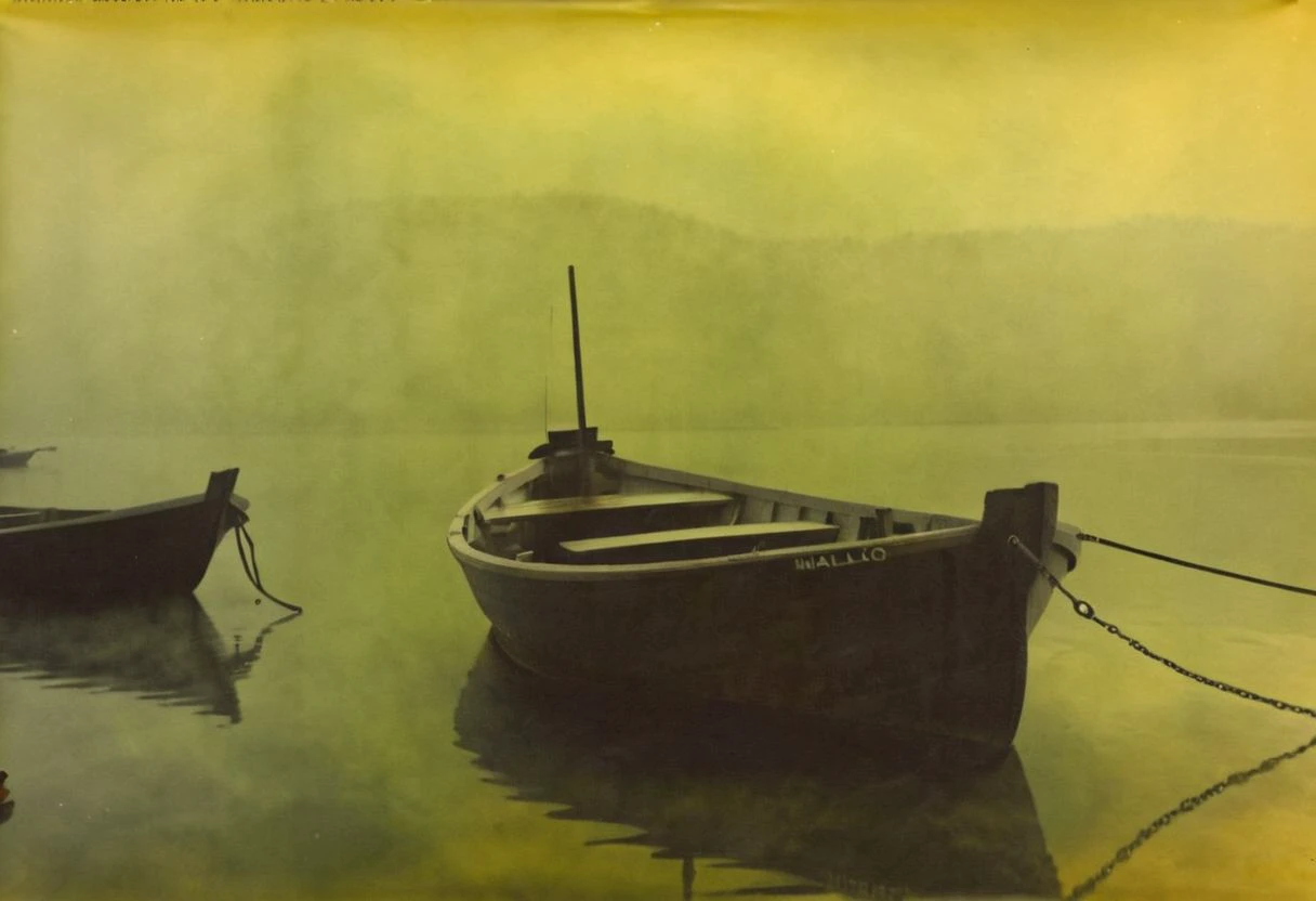 colouring_experiment_analogue, a foggy sea with some fisherboats, hard shadow