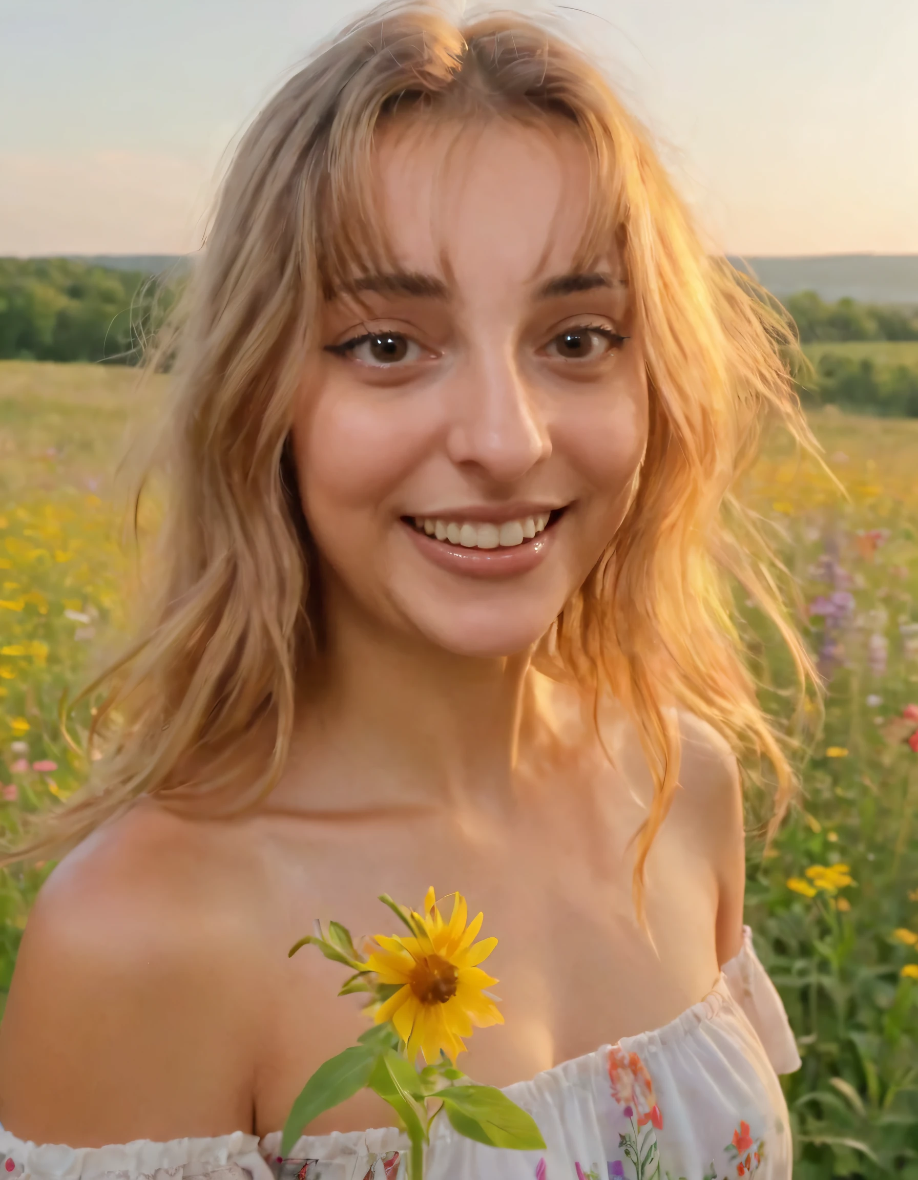 In this idyllic scene, Gabriella Kurus, with her signature golden tresses falling elegantly from the parted lips and enchanting smile that mirrors her deep brown eyes gazing confidently at the viewer, showcases her bohemian attire amidst a picturesque meadow adorned by vibrant flowers. <lora:louqrz18f68ad8f9at14f:1>