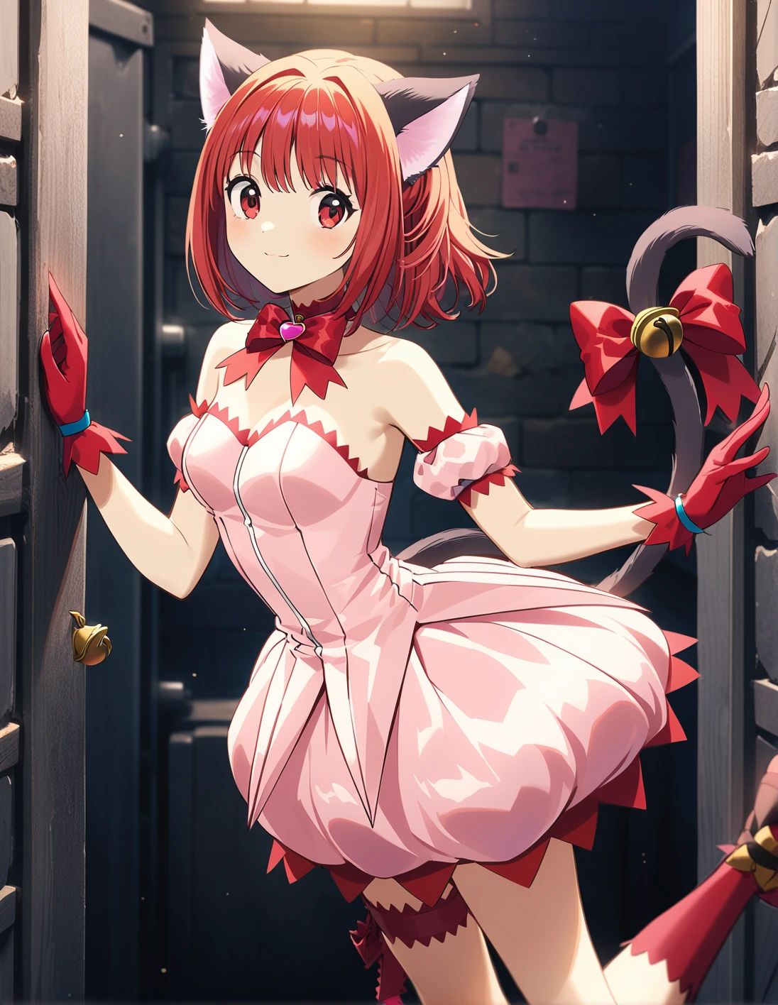1girl, solo, <lora:sdxl-lyco-mew_ichigo-remake-animagine_xl_3_1-v1:1>, mew_ichigo_remake, tail bow, gloves, cat tail, red gloves, tail bell, choker, detached sleeves,pink dress, strapless, relaxed posture, elbows extended, standing, ,,smile, best quality, very aesthetic, ultra-detailed, intricate details, 4k,BREAK in a prison cell